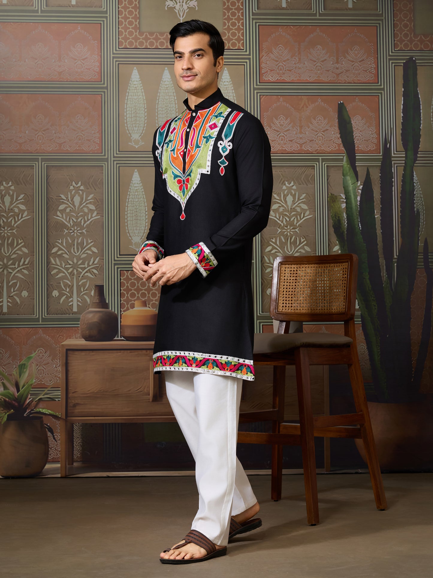 Men’s Black Pure Cotton Kurta with Multi-Thread and Real Mirror Work