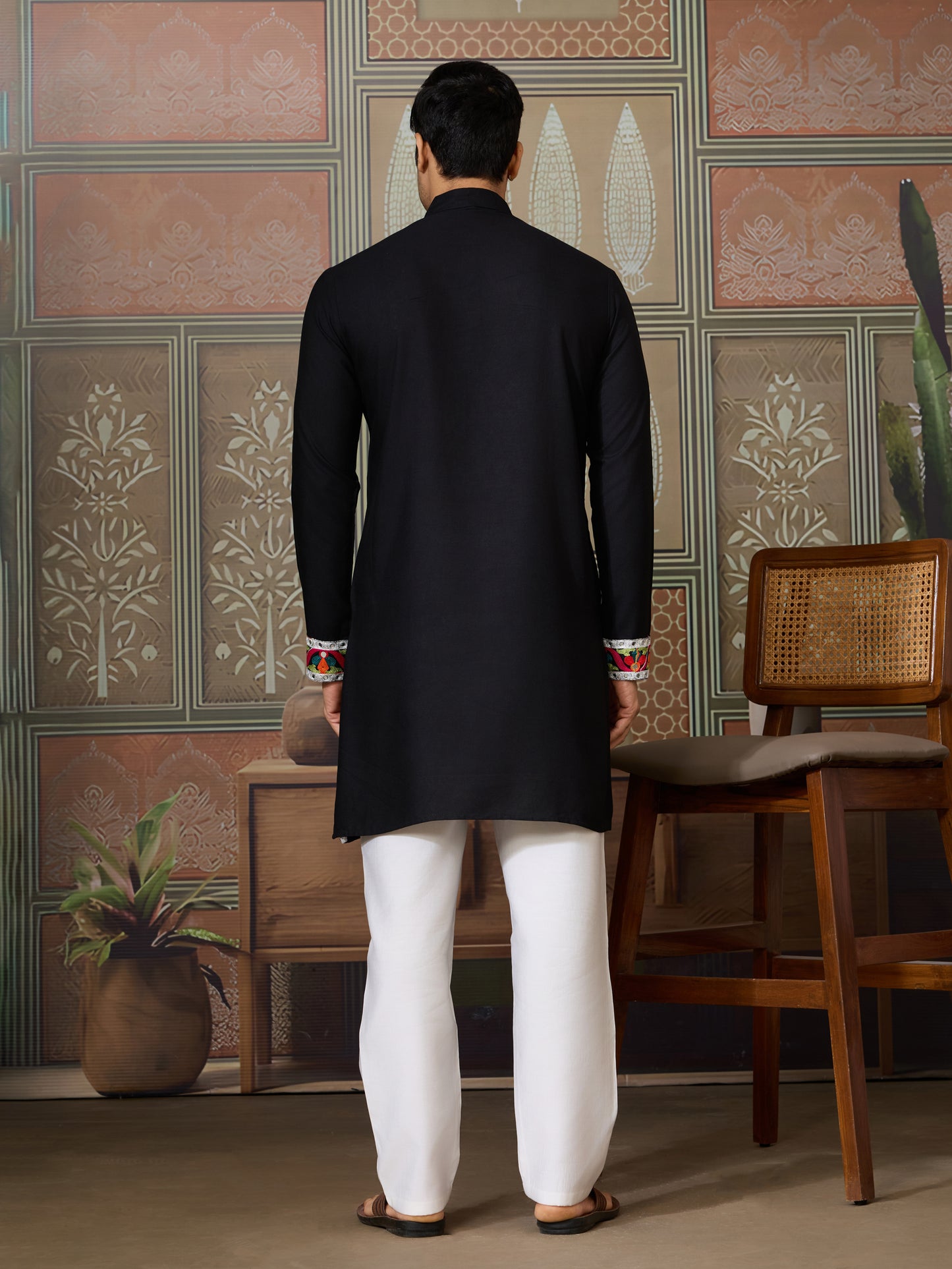 Men’s Black Pure Cotton Kurta with Multi-Thread and Real Mirror Work