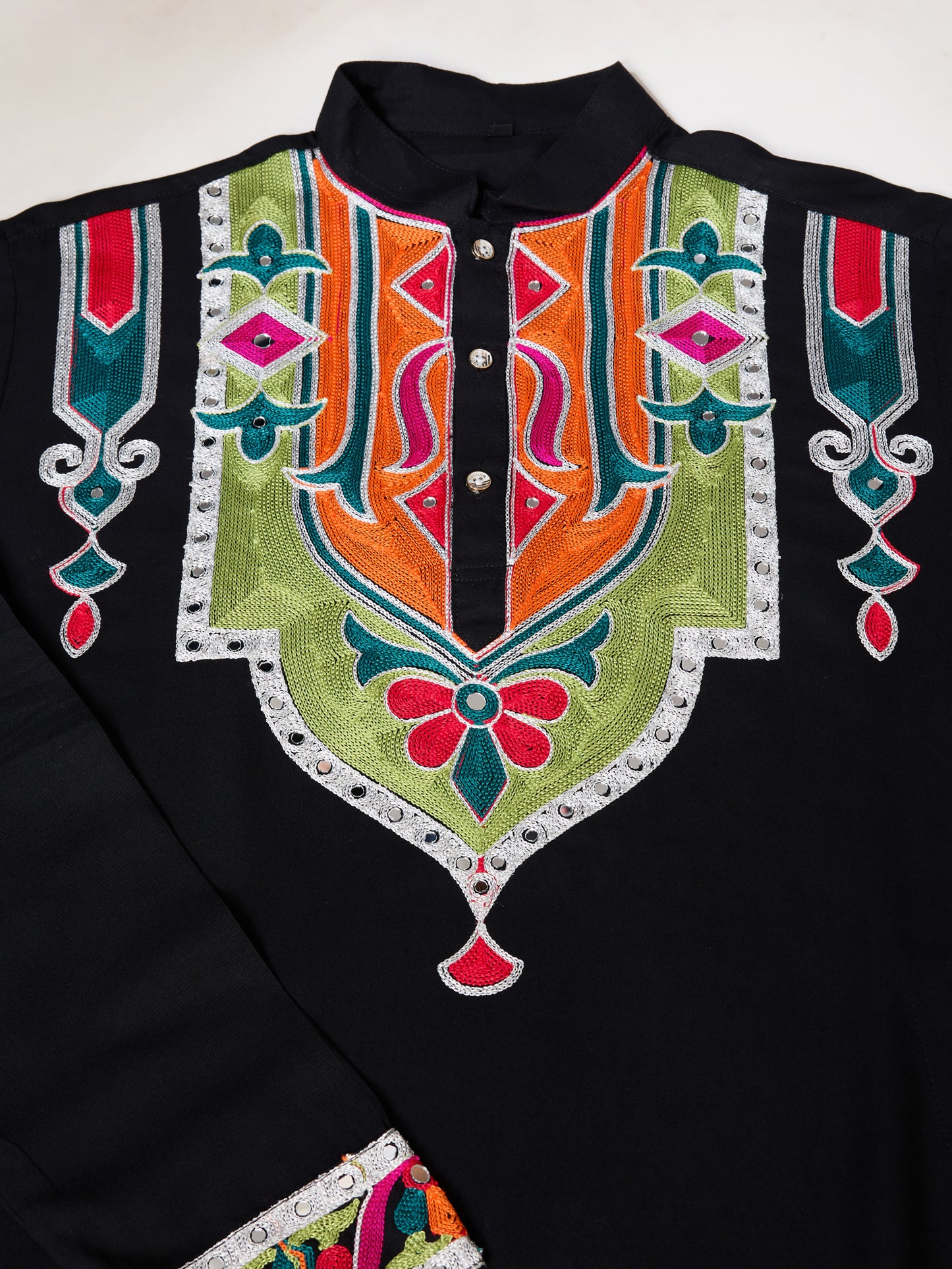 Men’s Black Pure Cotton Kurta with Multi-Thread and Real Mirror Work
