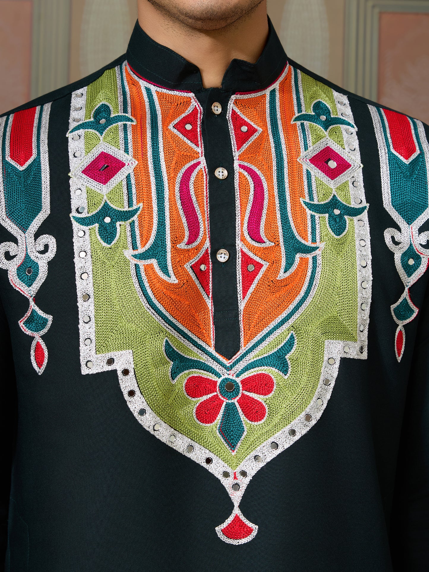 Green Pure Cotton Kurta with Multi Thread & Mirror Work