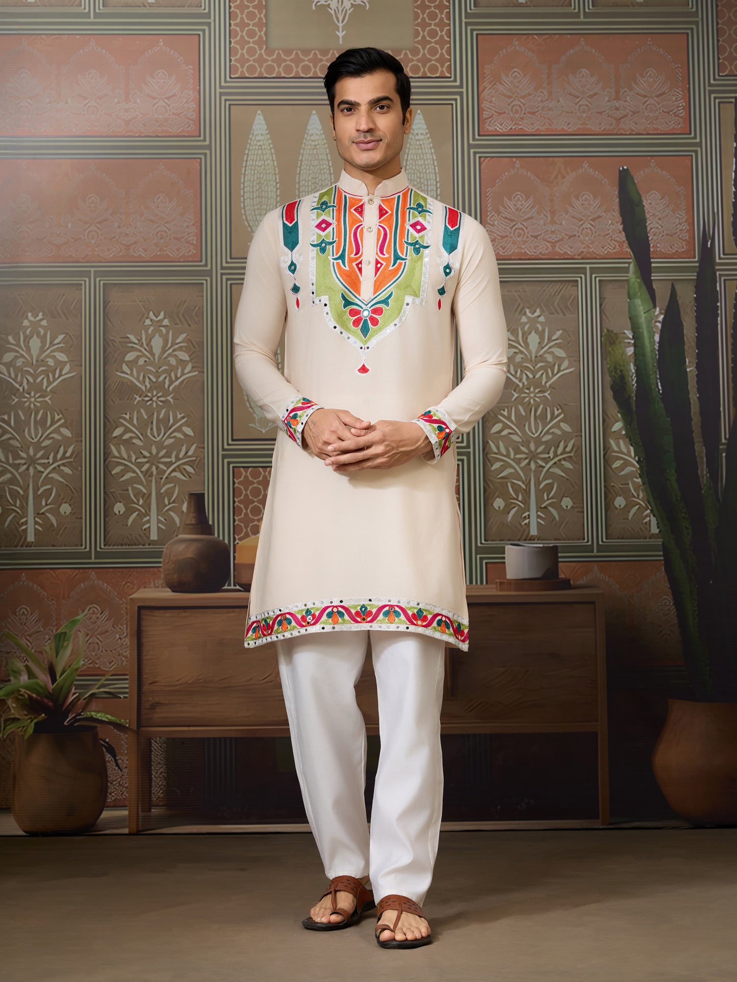 Cream Pure Cotton Kurta with Multi-Thread & Real Mirror Work