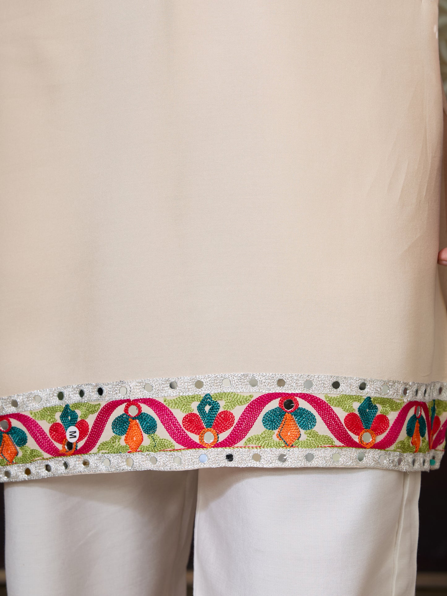 Cream Pure Cotton Kurta with Multi-Thread & Real Mirror Work