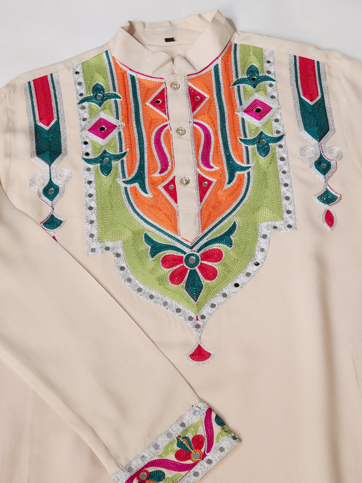 Cream Pure Cotton Kurta with Multi-Thread & Real Mirror Work