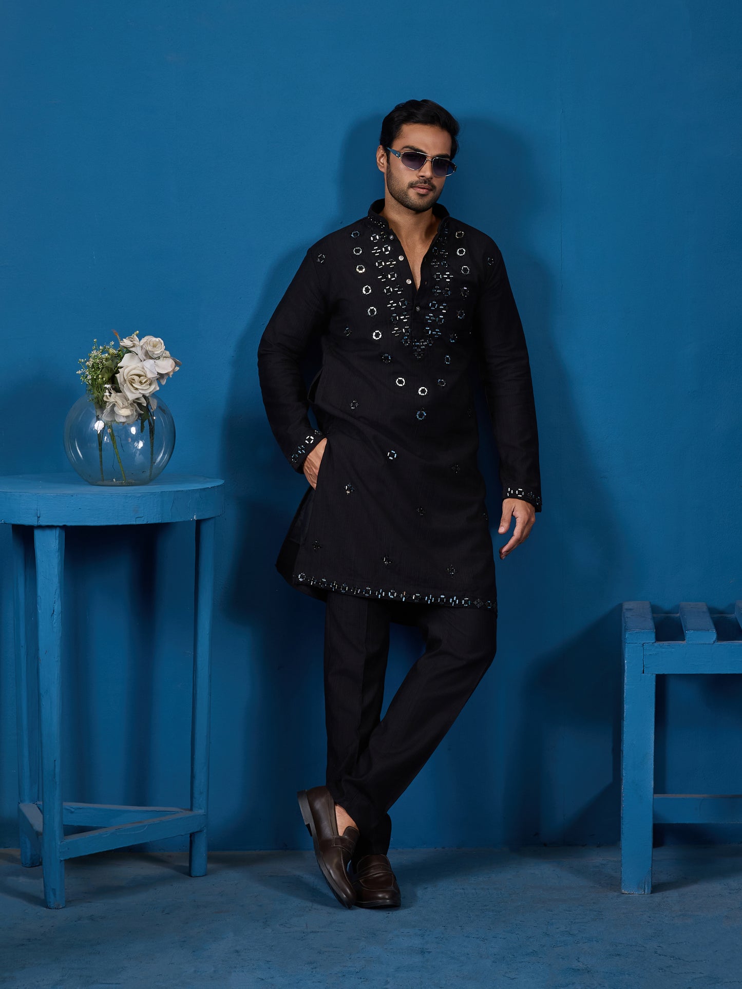 "Midnight Monarch: The Black Mirror Kurta"