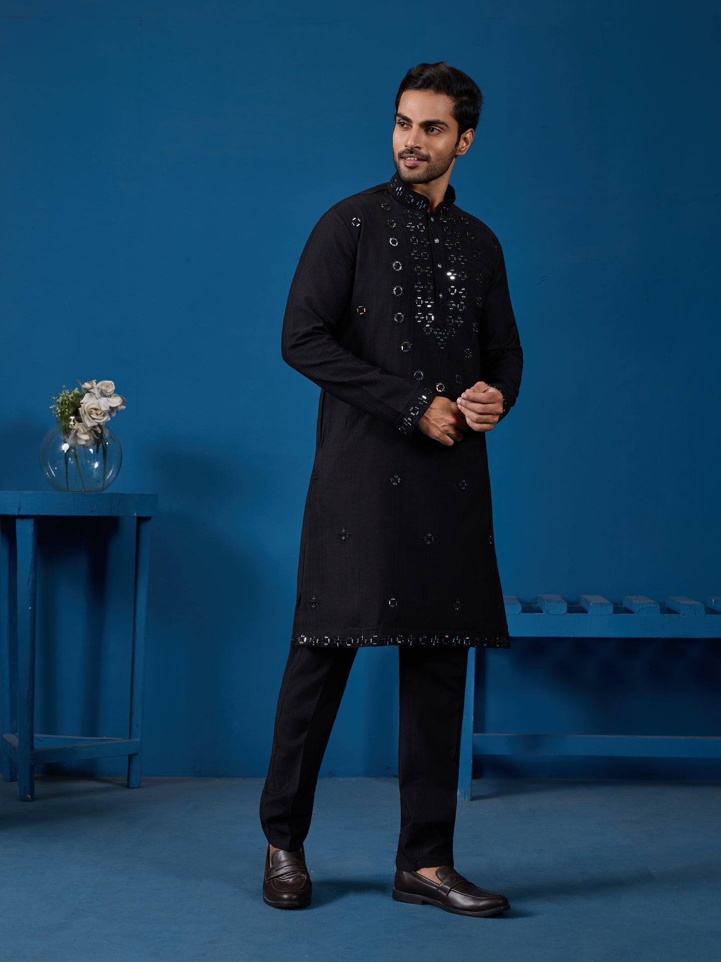 "Midnight Monarch: The Black Mirror Kurta"