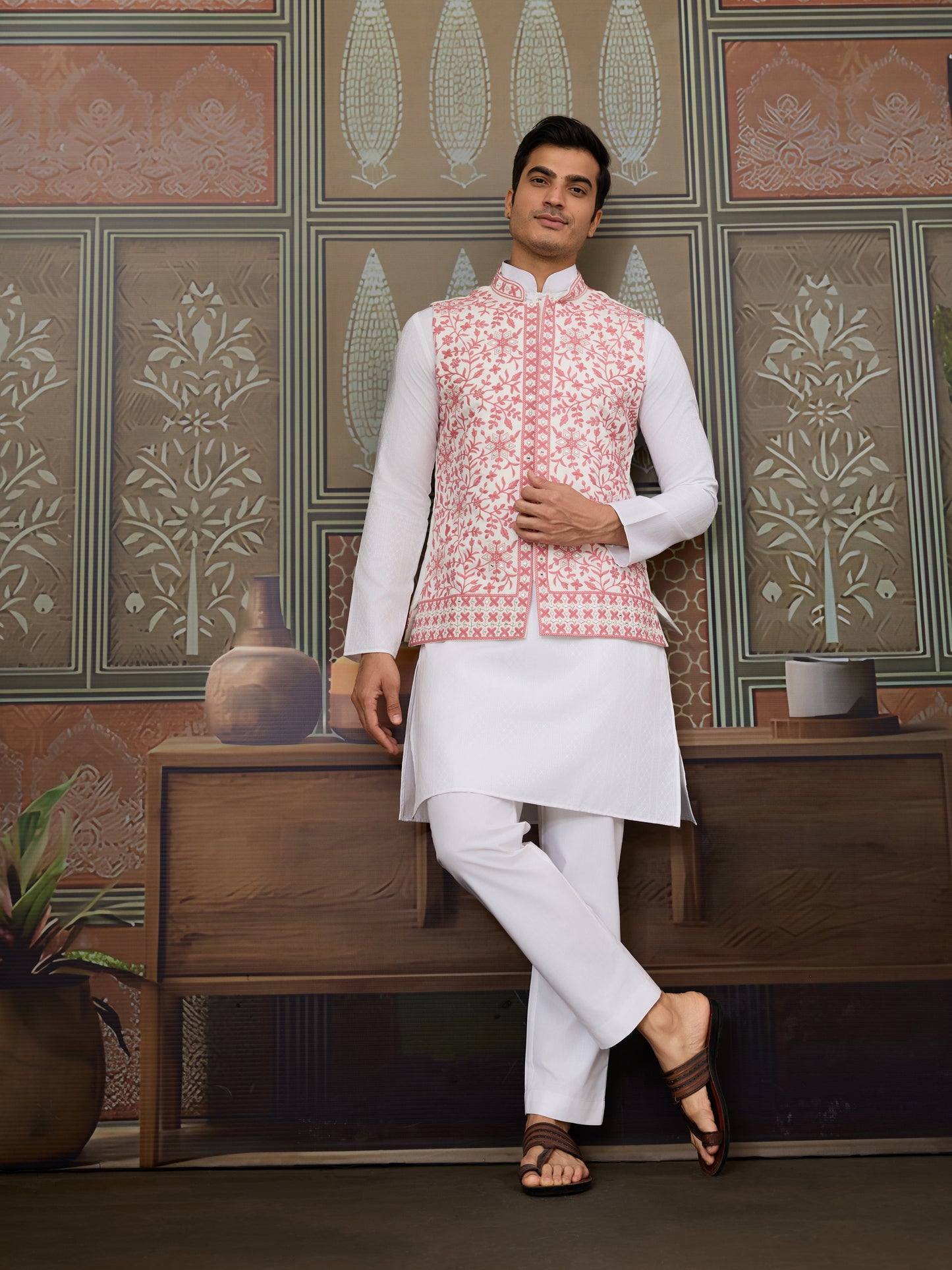 “Royal White Kurta with Blush Pink Embroidered Jacket”