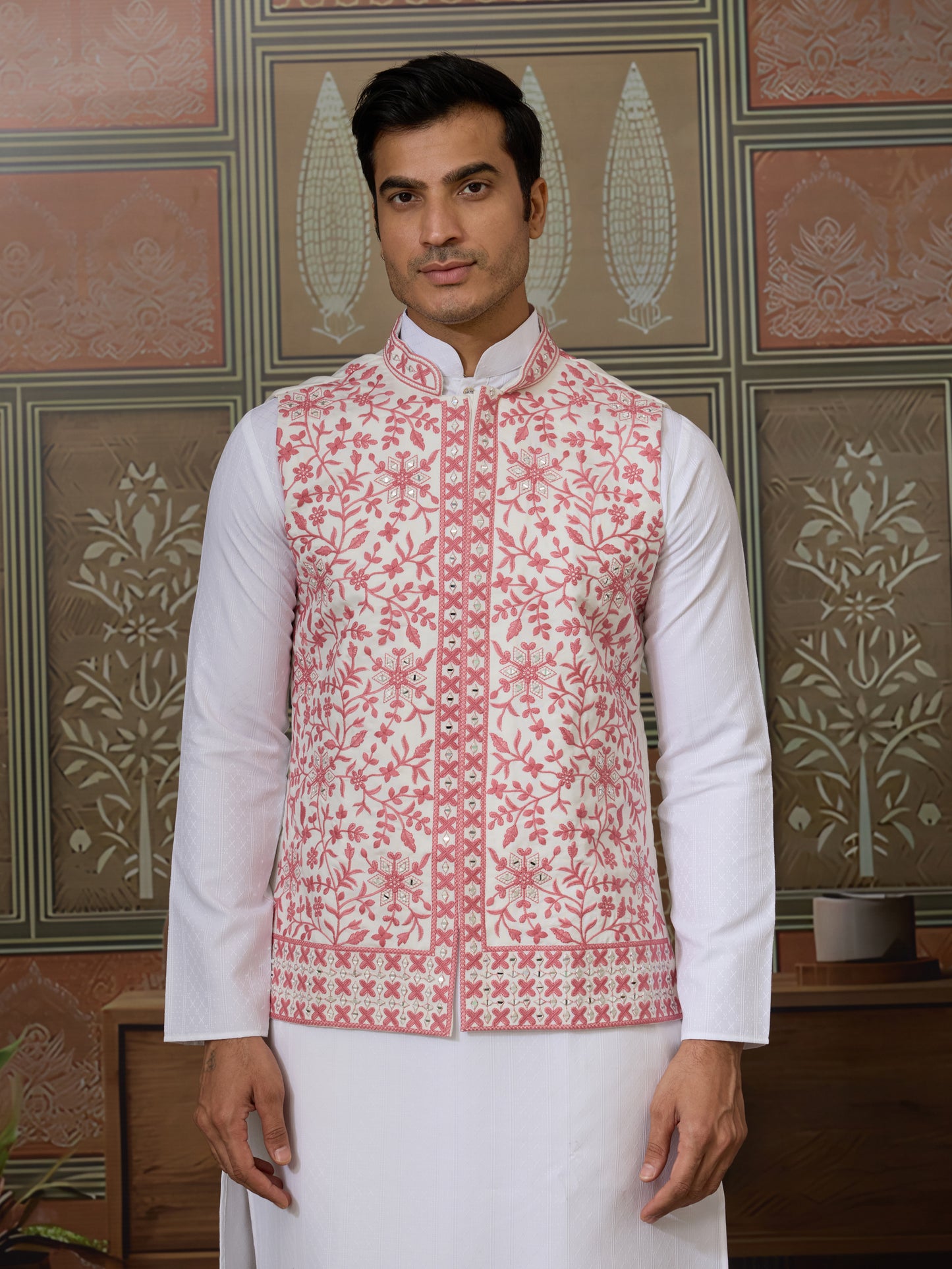 “Royal White Kurta with Blush Pink Embroidered Jacket”
