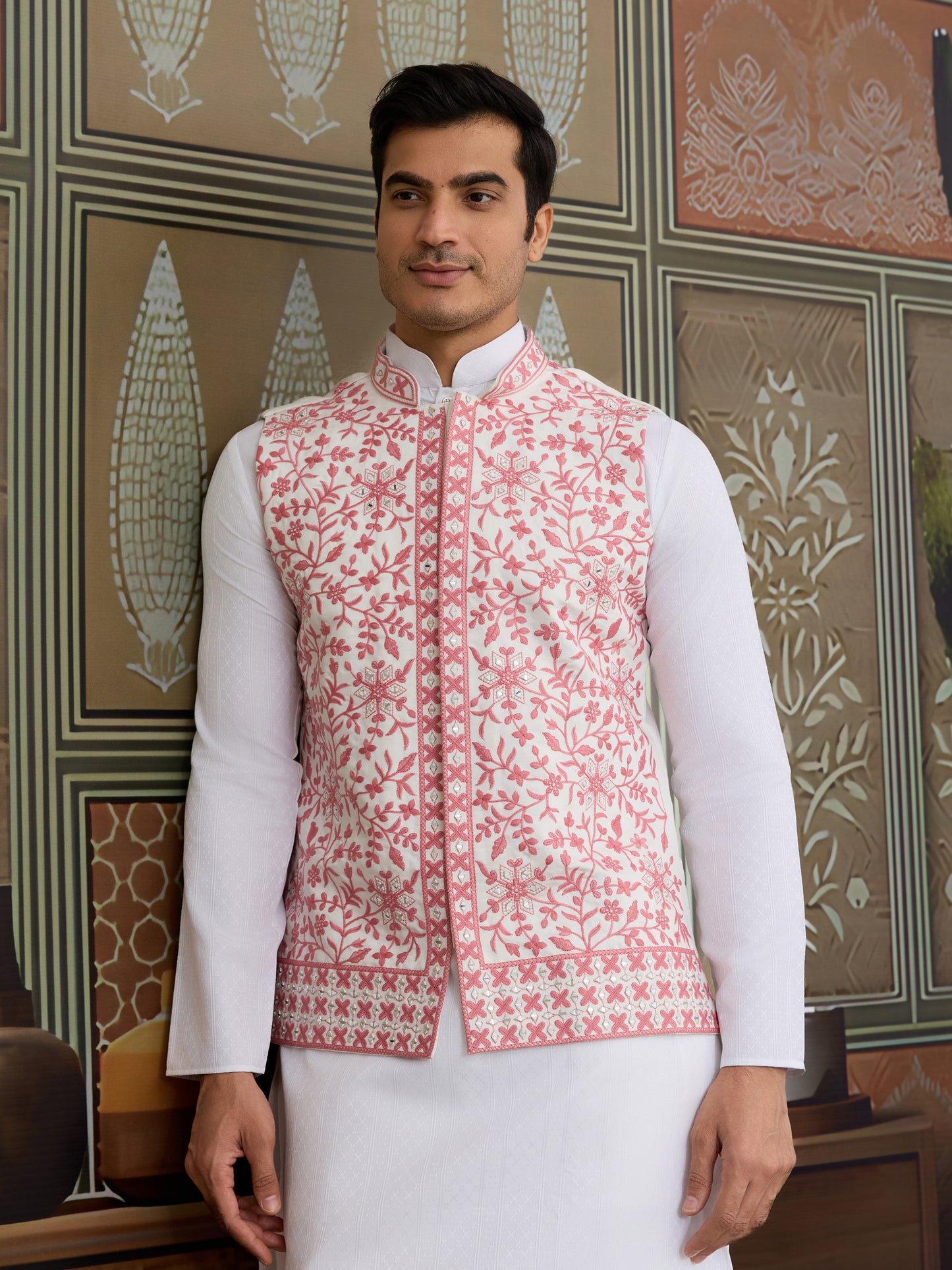“Royal White Kurta with Blush Pink Embroidered Jacket”