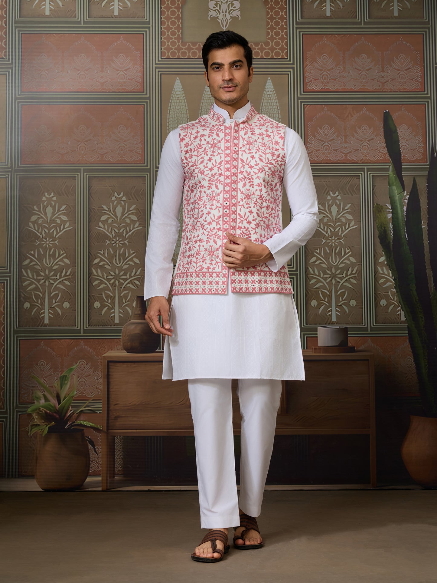 “Royal White Kurta with Blush Pink Embroidered Jacket”