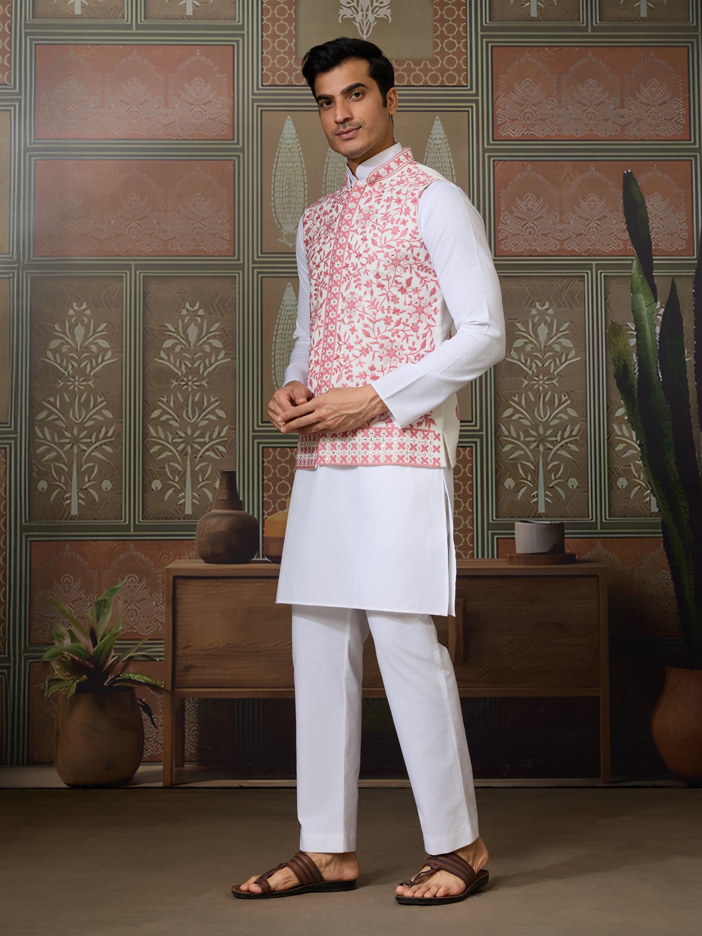 “Royal White Kurta with Blush Pink Embroidered Jacket”