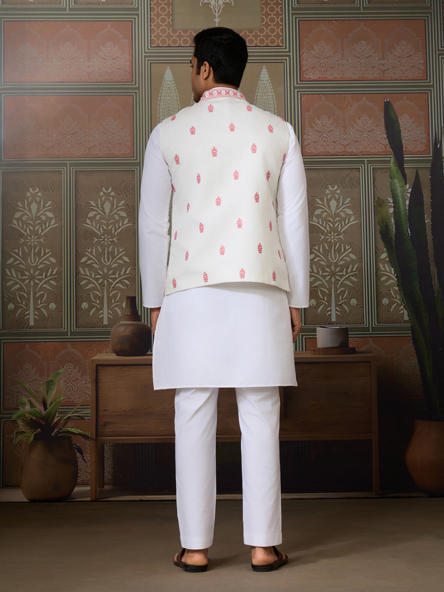 “Royal White Kurta with Blush Pink Embroidered Jacket”