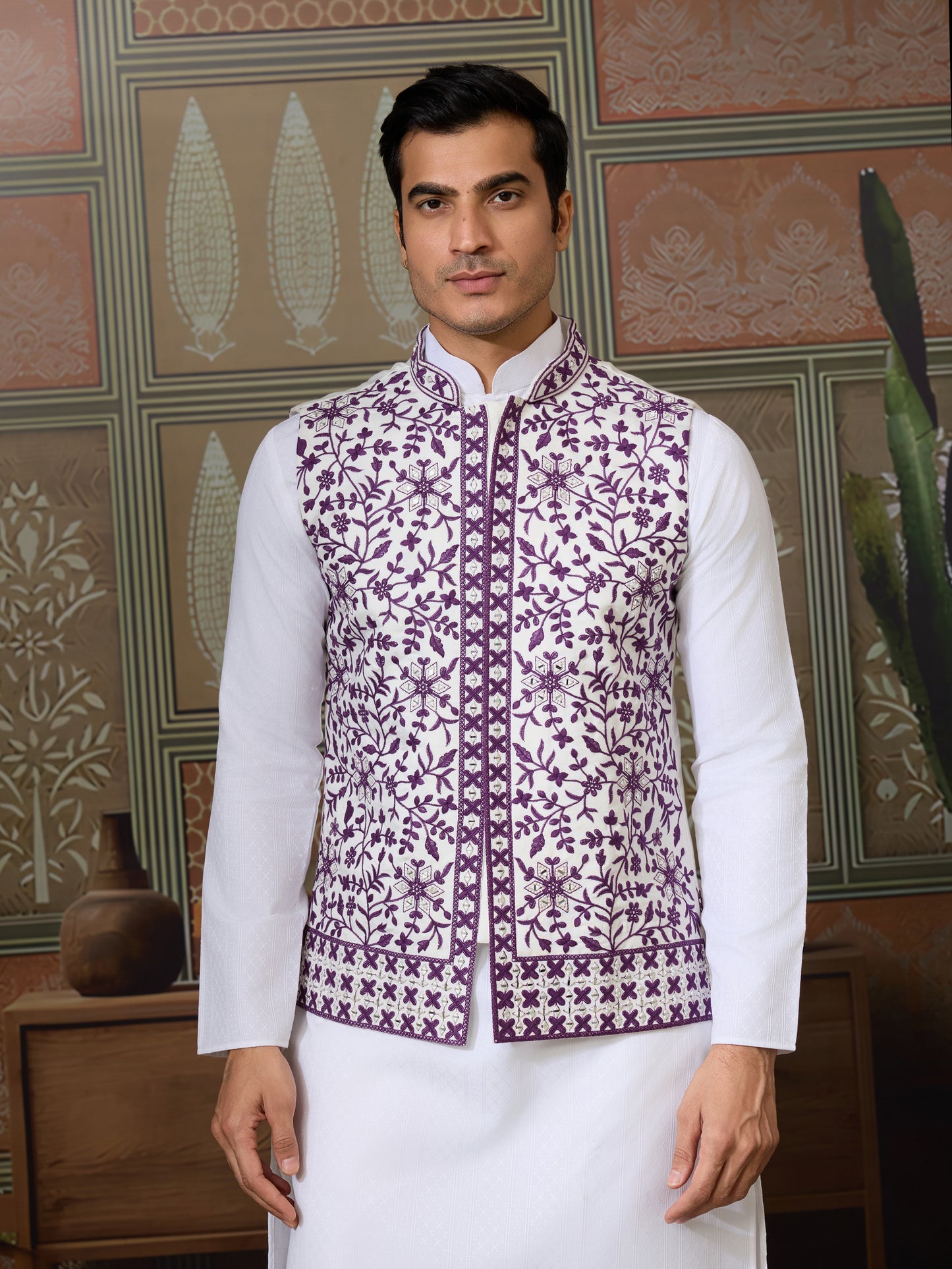 Ivory & Plum Floral Embroidered Ethnic Vest Set