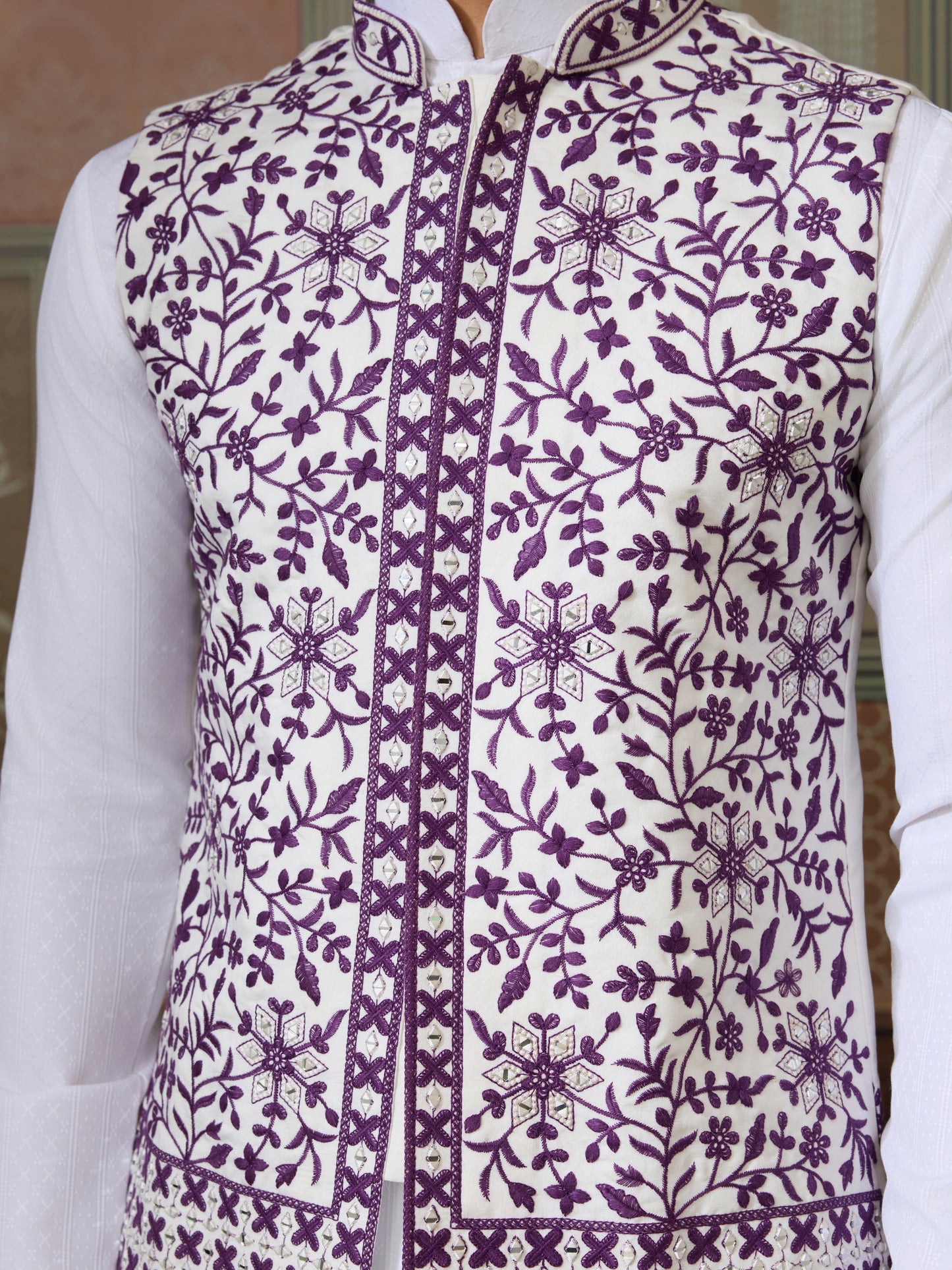 Ivory & Plum Floral Embroidered Ethnic Vest Set