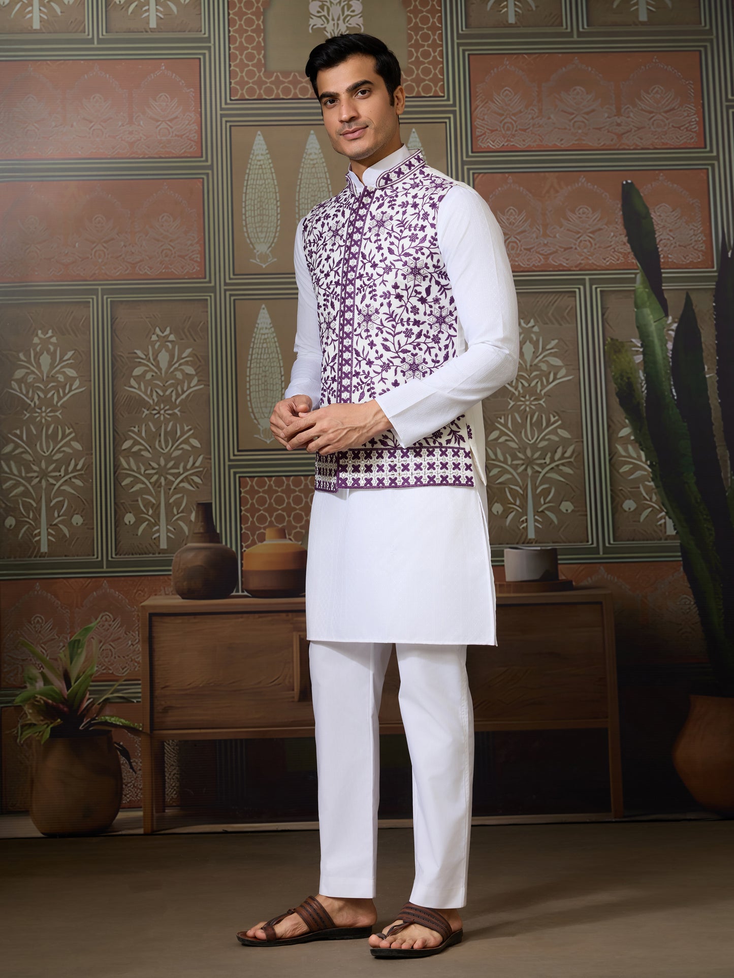 Ivory & Plum Floral Embroidered Ethnic Vest Set