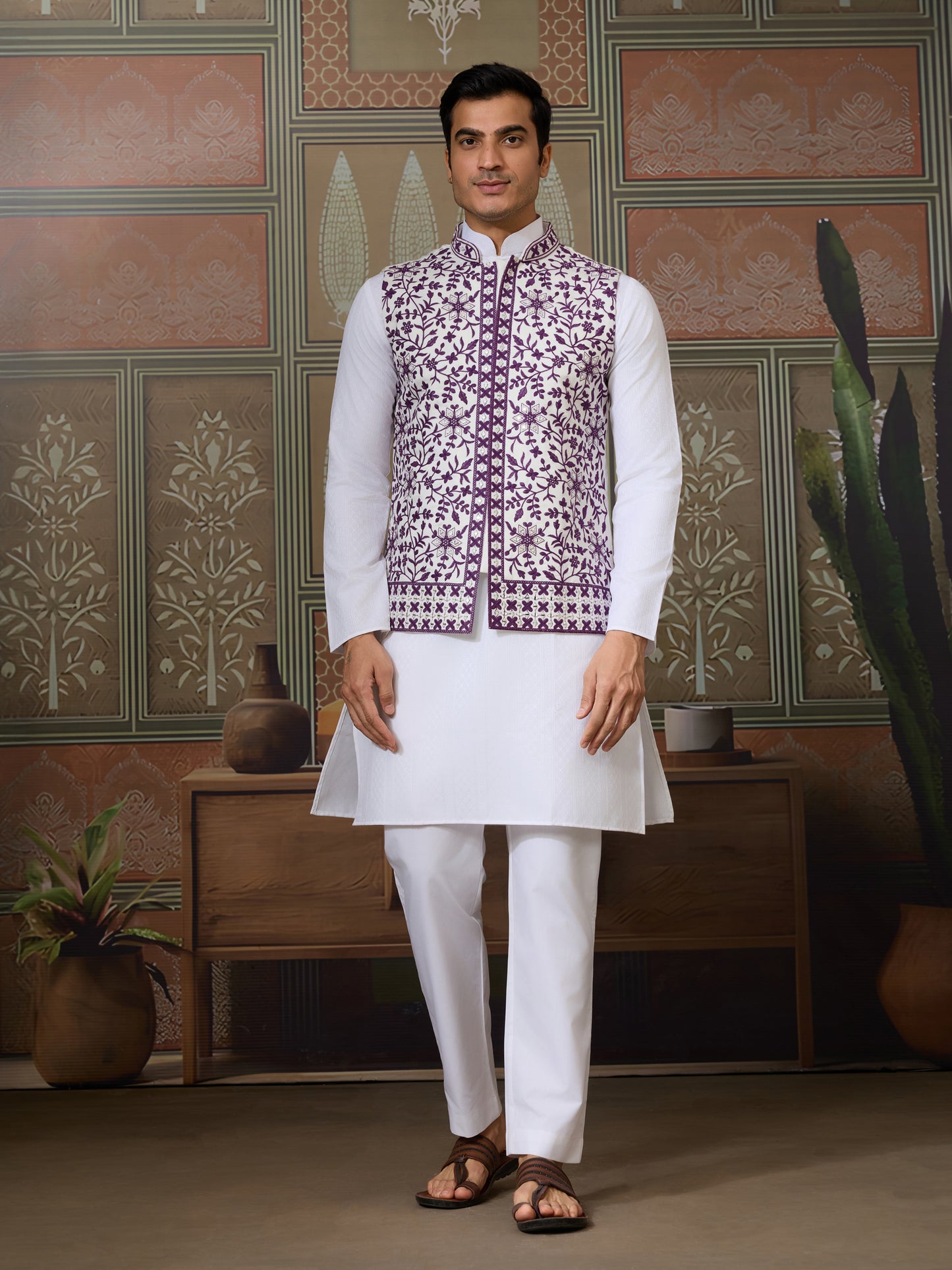 Ivory & Plum Floral Embroidered Ethnic Vest Set