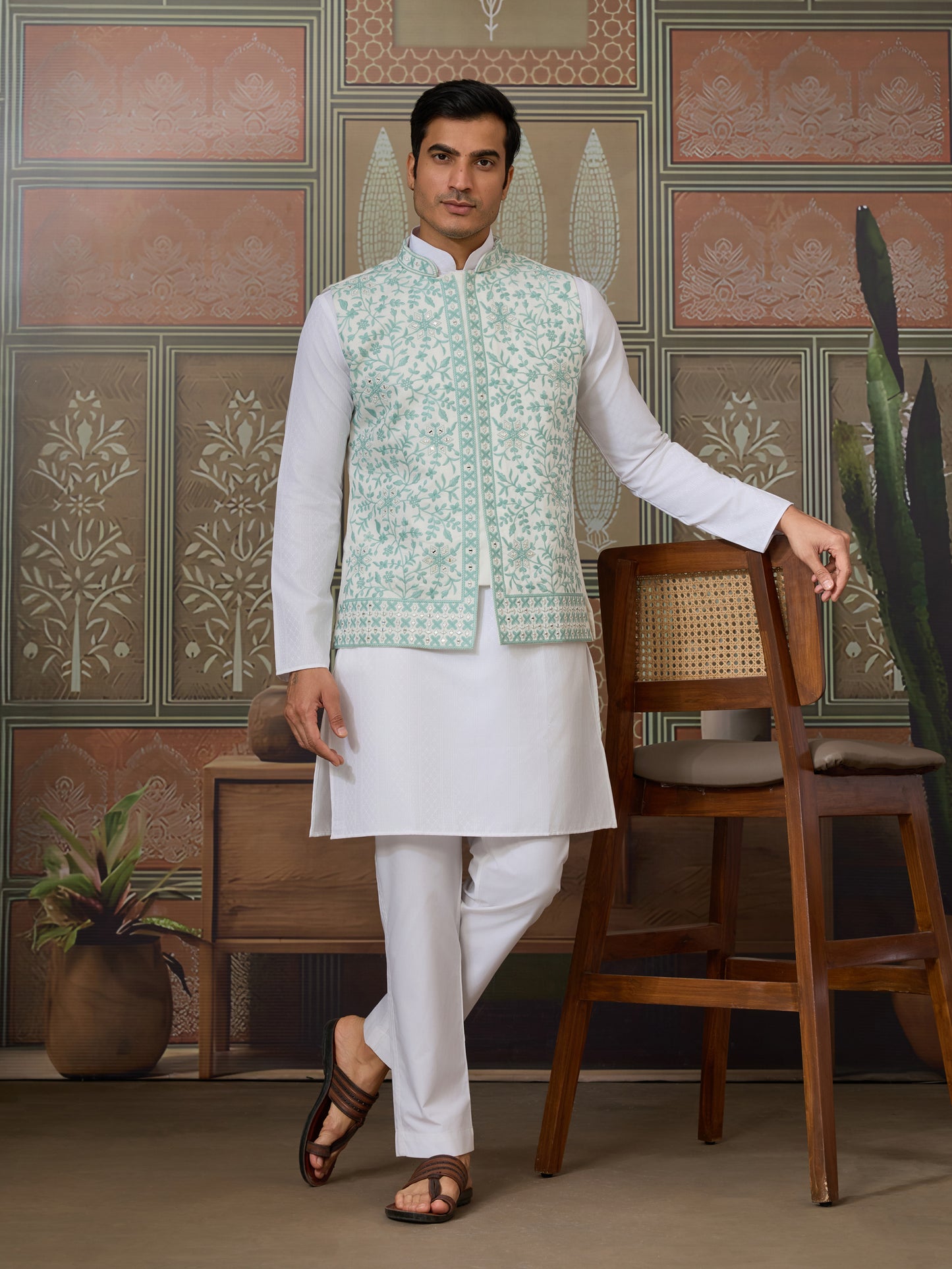 Mint Elegance – Pastel Green Embroidered Festive Waistcoat