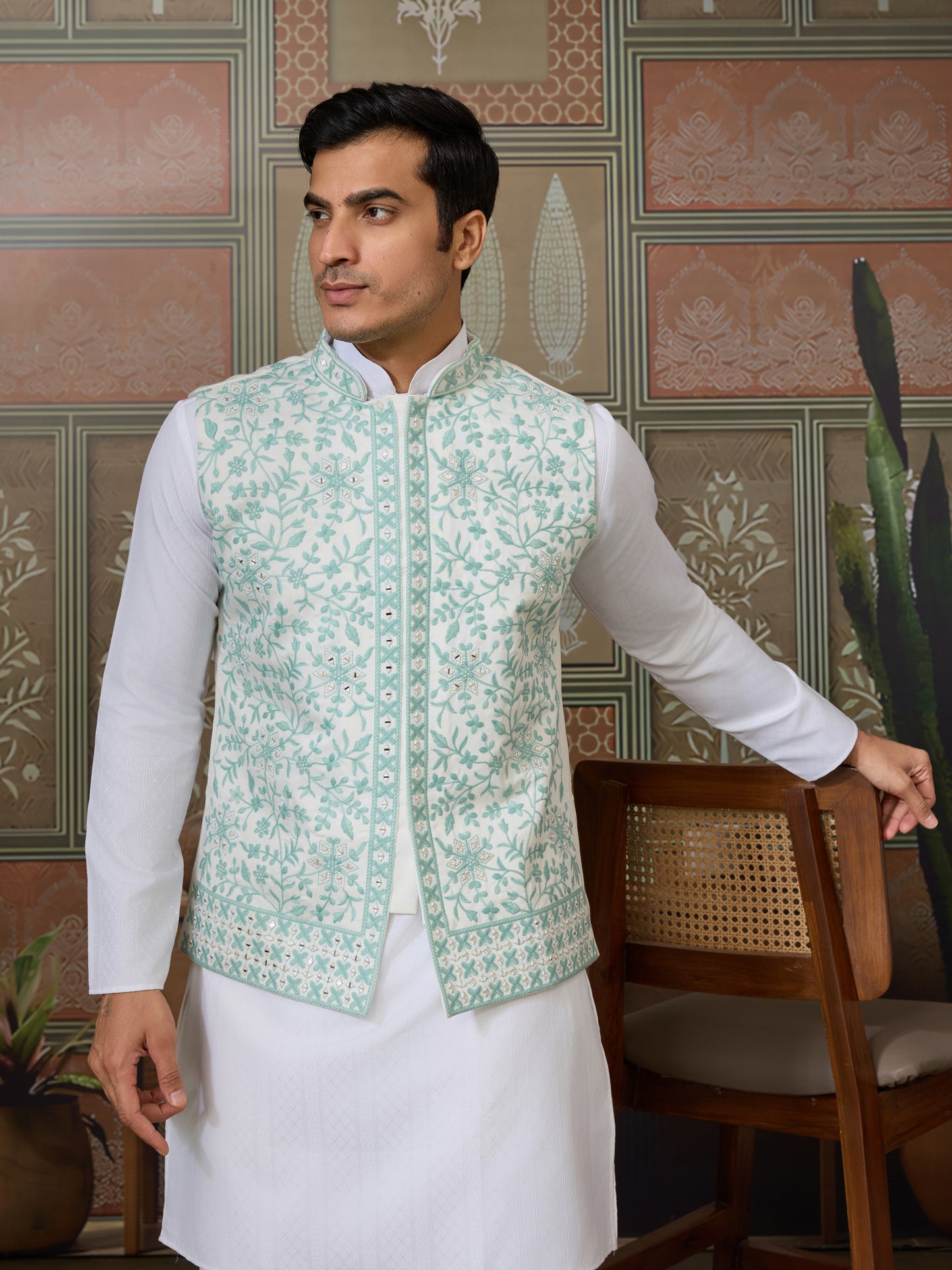 Mint Elegance – Pastel Green Embroidered Festive Waistcoat
