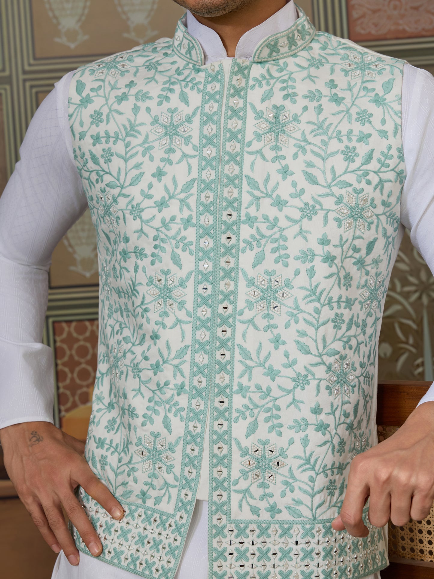 Mint Elegance – Pastel Green Embroidered Festive Waistcoat