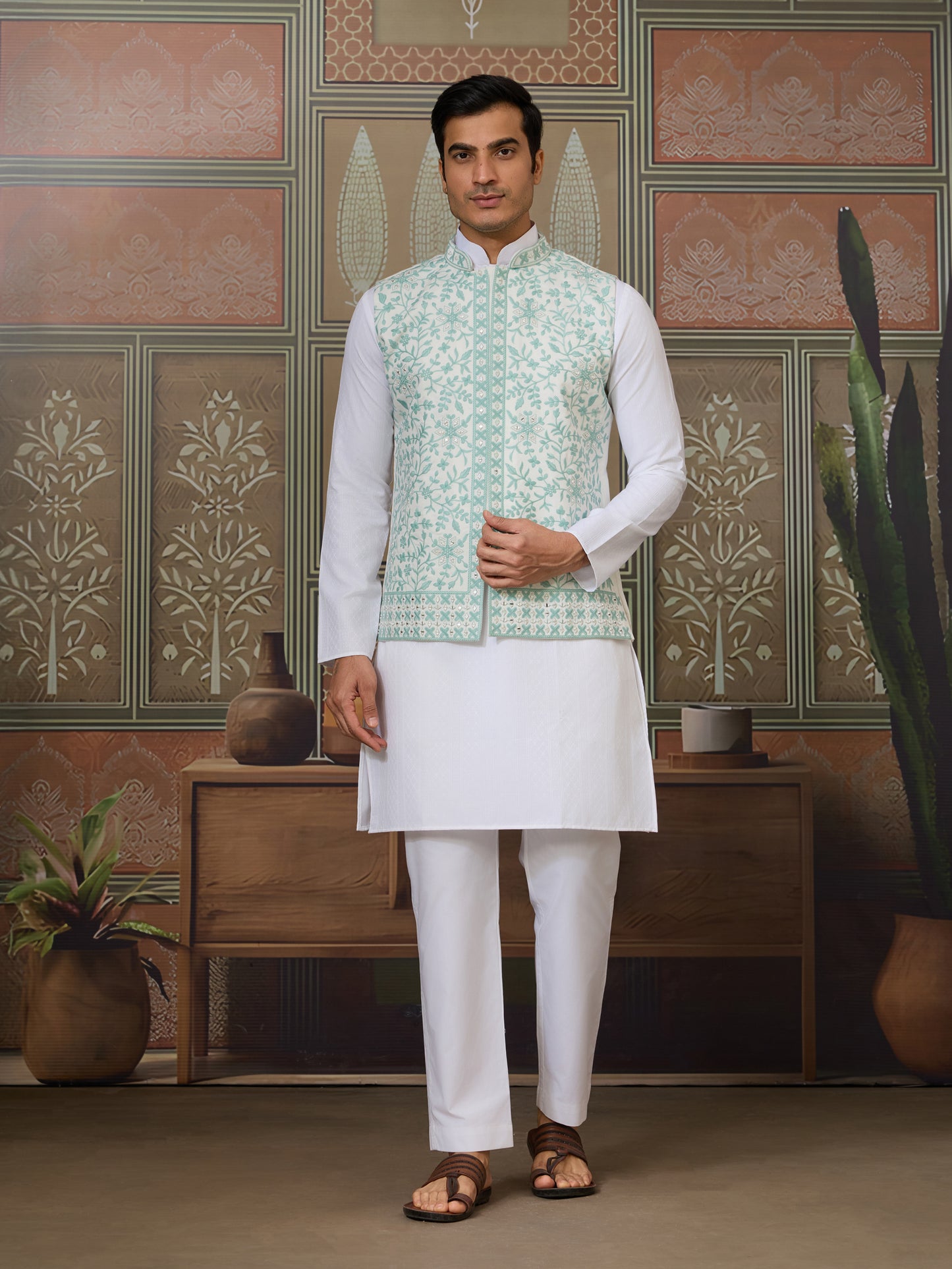 Mint Elegance – Pastel Green Embroidered Festive Waistcoat