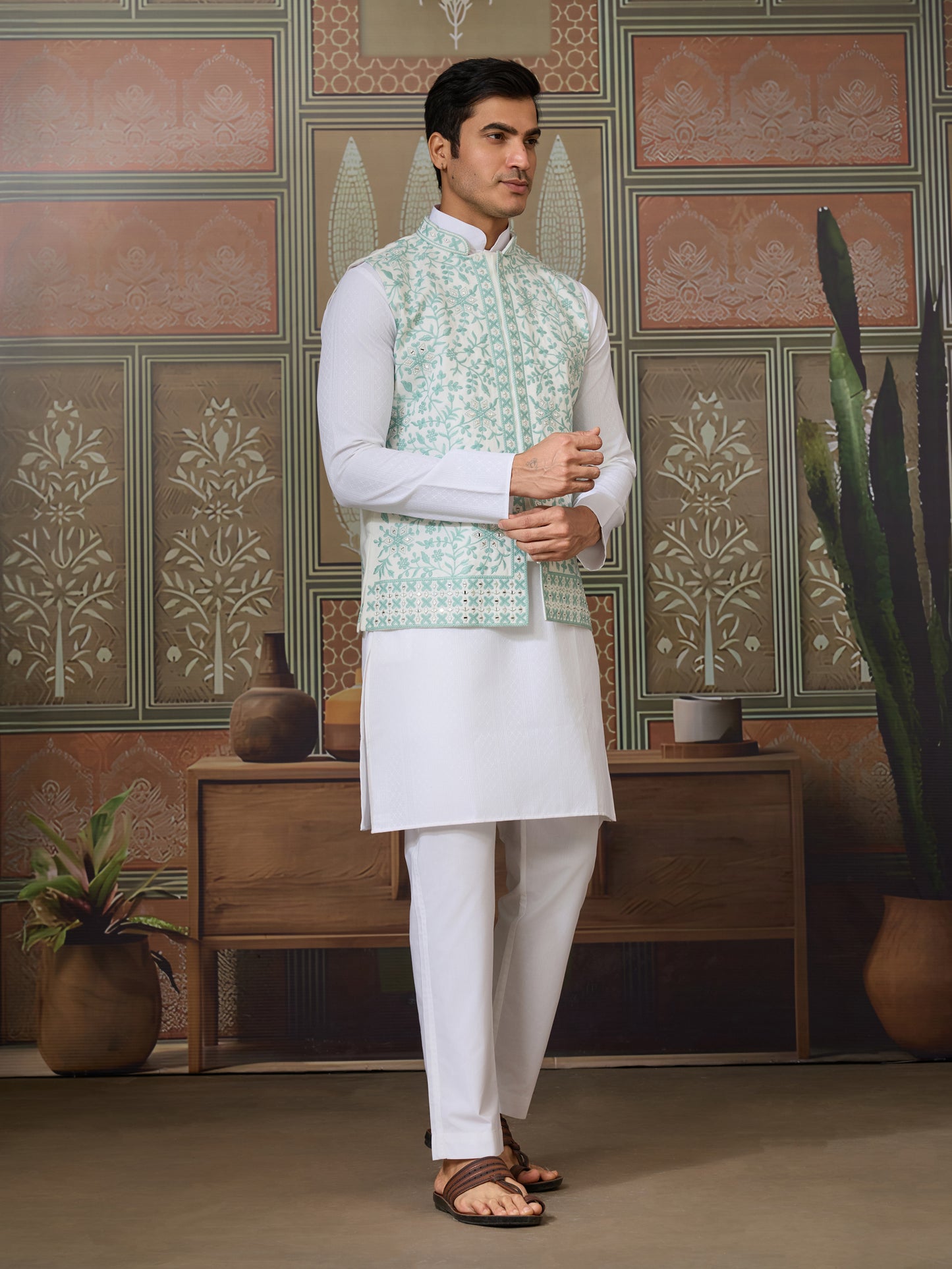 Mint Elegance – Pastel Green Embroidered Festive Waistcoat