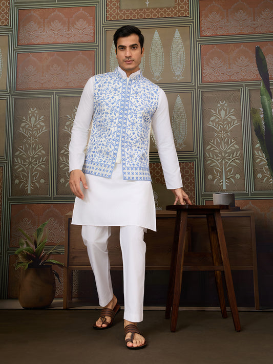 White Kurta Pajama with Sky Blue Embroidered Waistcoat