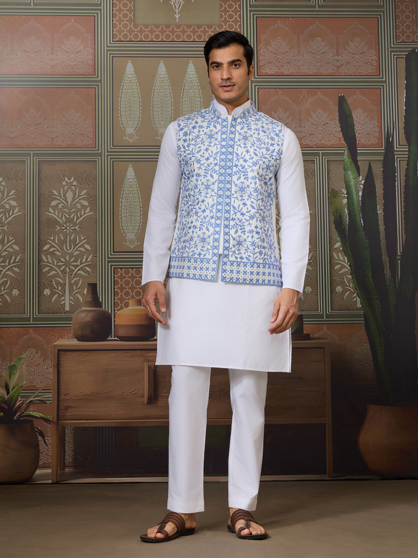 White Kurta Pajama with Sky Blue Embroidered Waistcoat