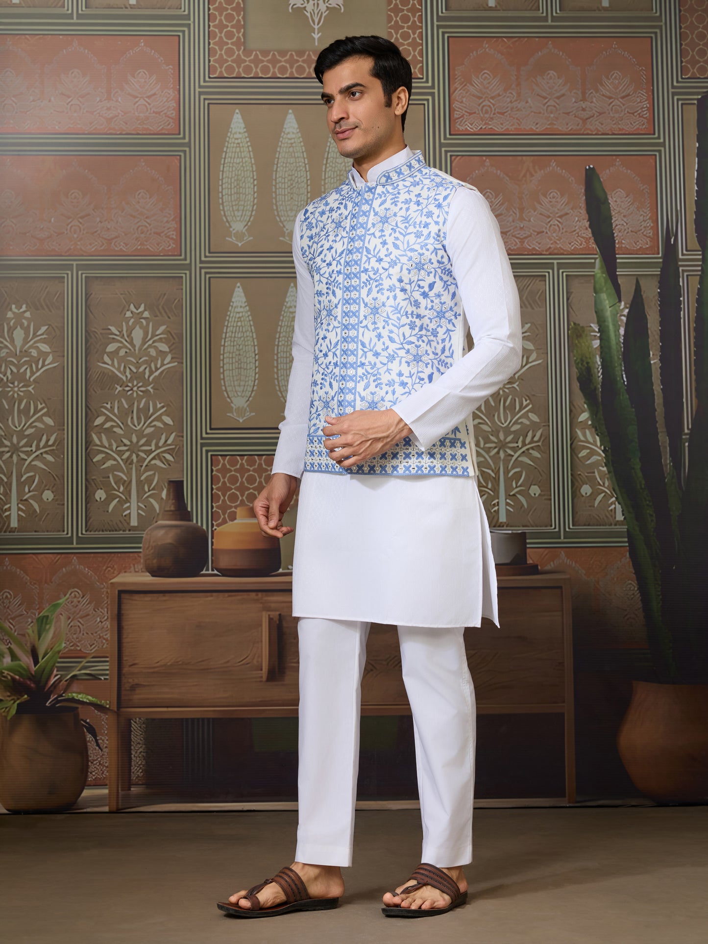 White Kurta Pajama with Sky Blue Embroidered Waistcoat
