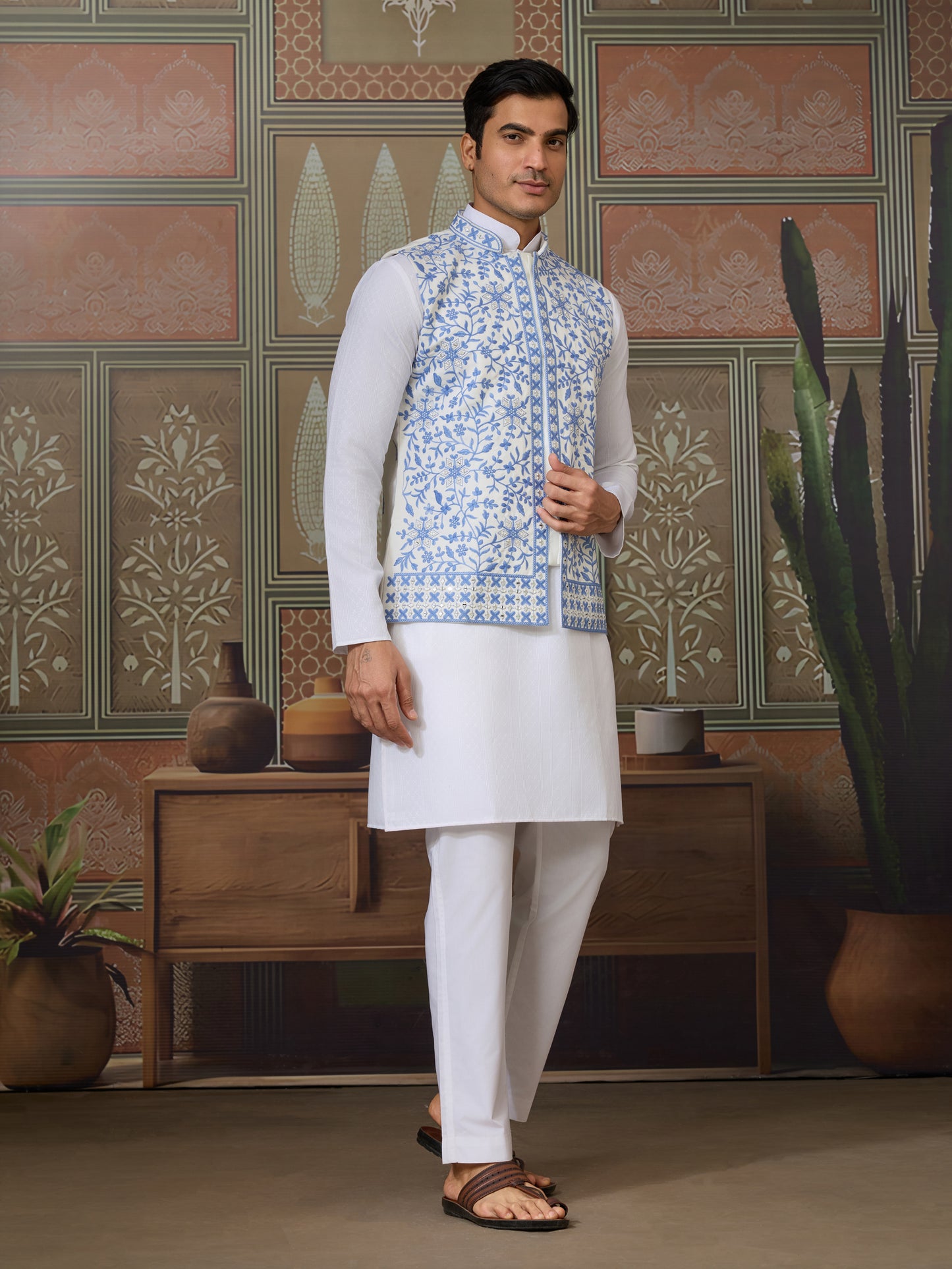 White Kurta Pajama with Sky Blue Embroidered Waistcoat