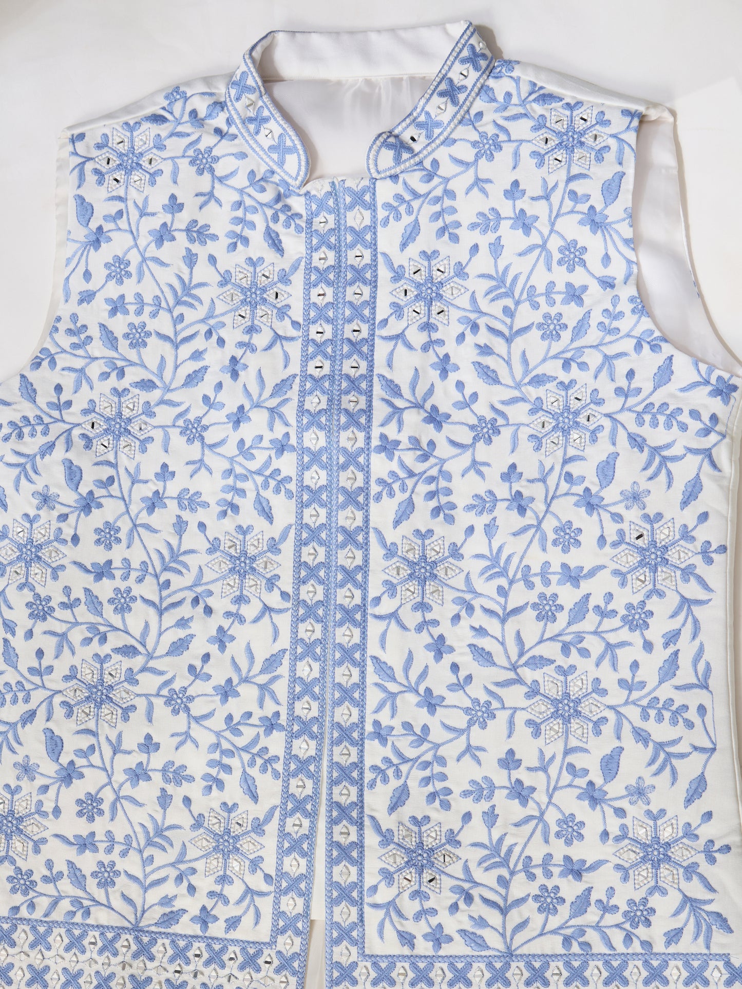 White Kurta Pajama with Sky Blue Embroidered Waistcoat