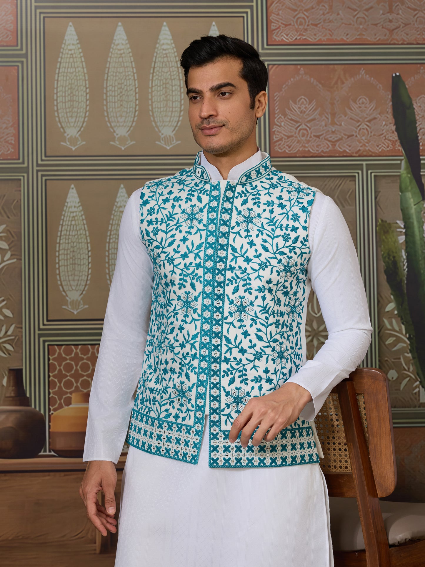 White Kurta Pajama with Teal Embroidered Statement Jacket