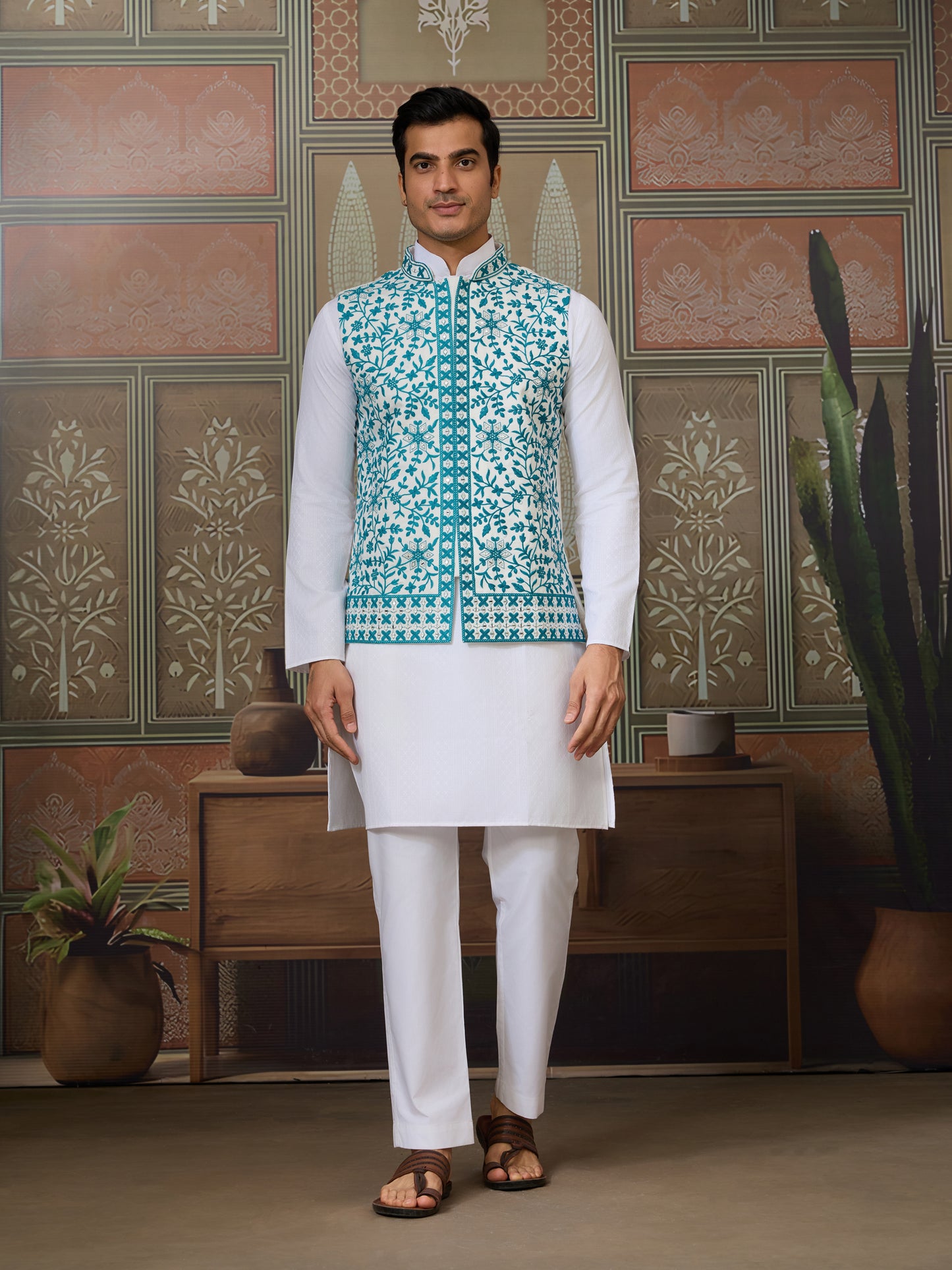 White Kurta Pajama with Teal Embroidered Statement Jacket