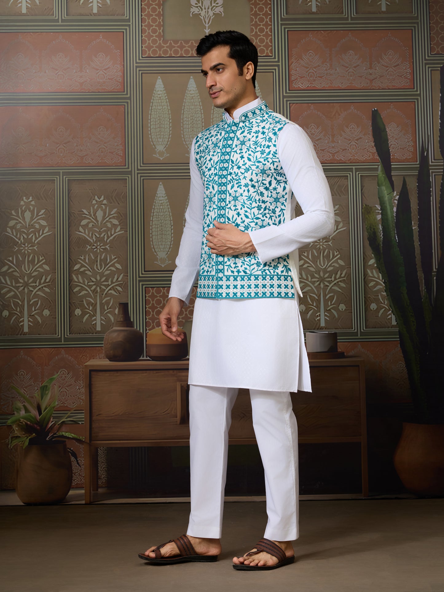 White Kurta Pajama with Teal Embroidered Statement Jacket