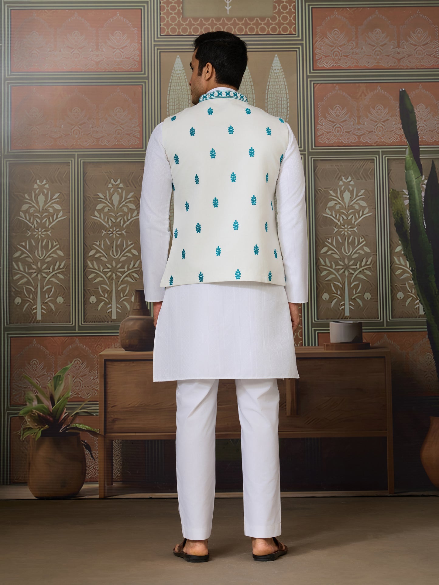 White Kurta Pajama with Teal Embroidered Statement Jacket