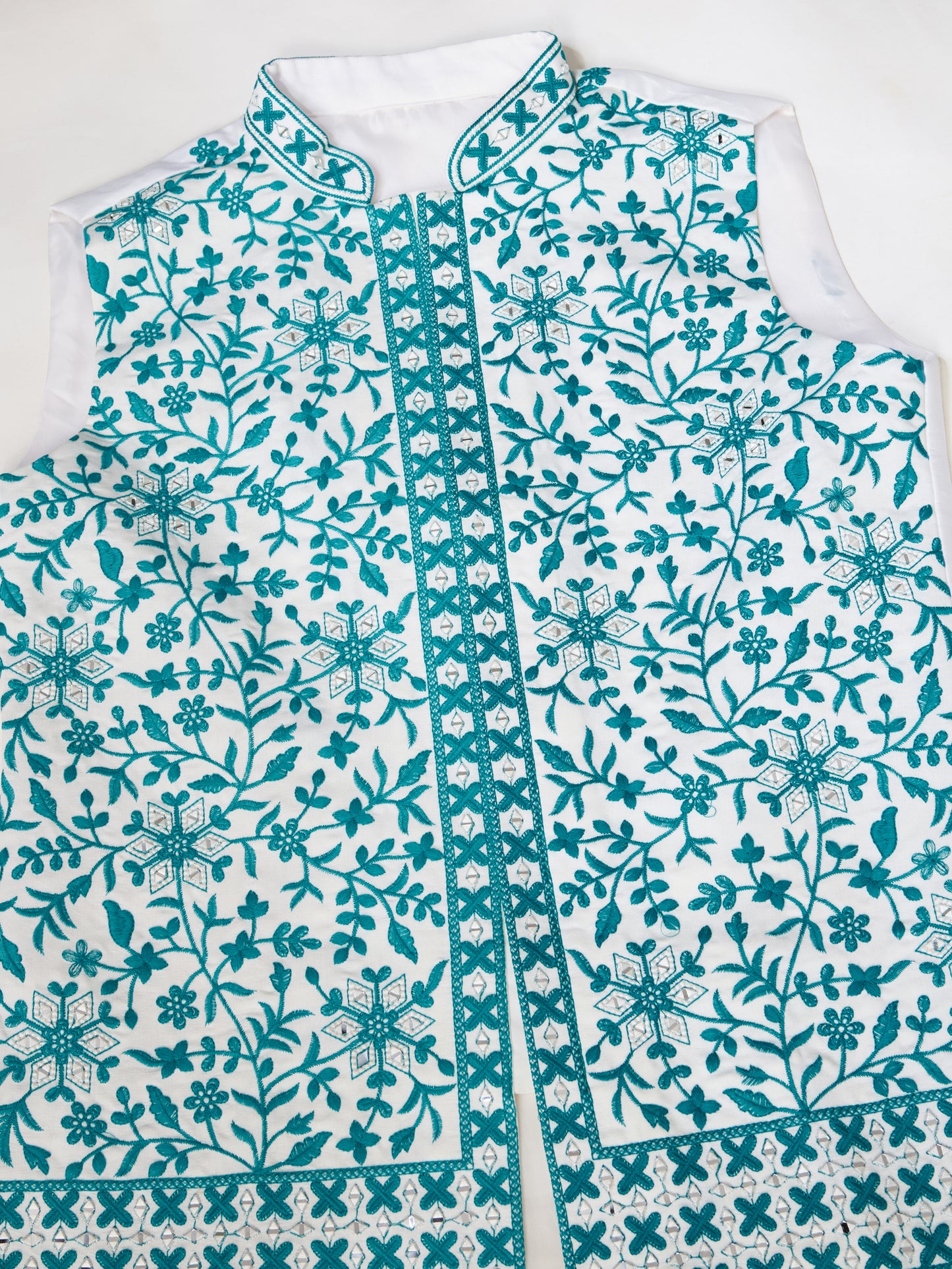 White Kurta Pajama with Teal Embroidered Statement Jacket