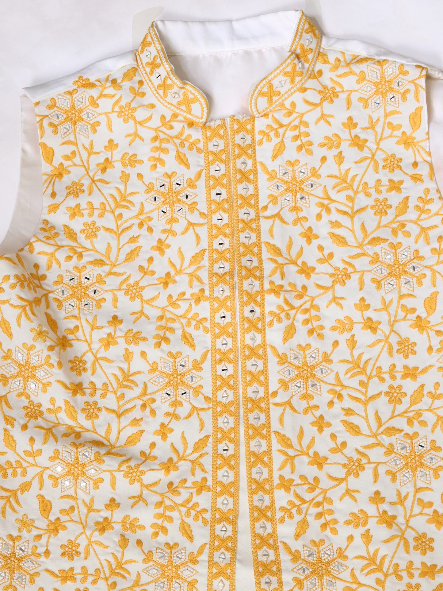 "Royal White Kurta with Mustard Floral Embroidered Nehru Jacket"
