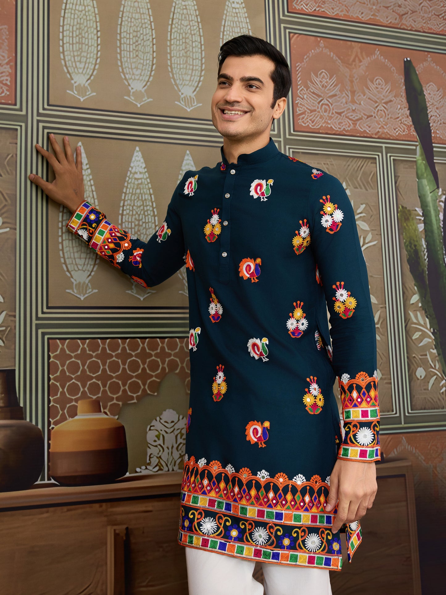 Teal Blue Mirror Work Embroidered Kurta