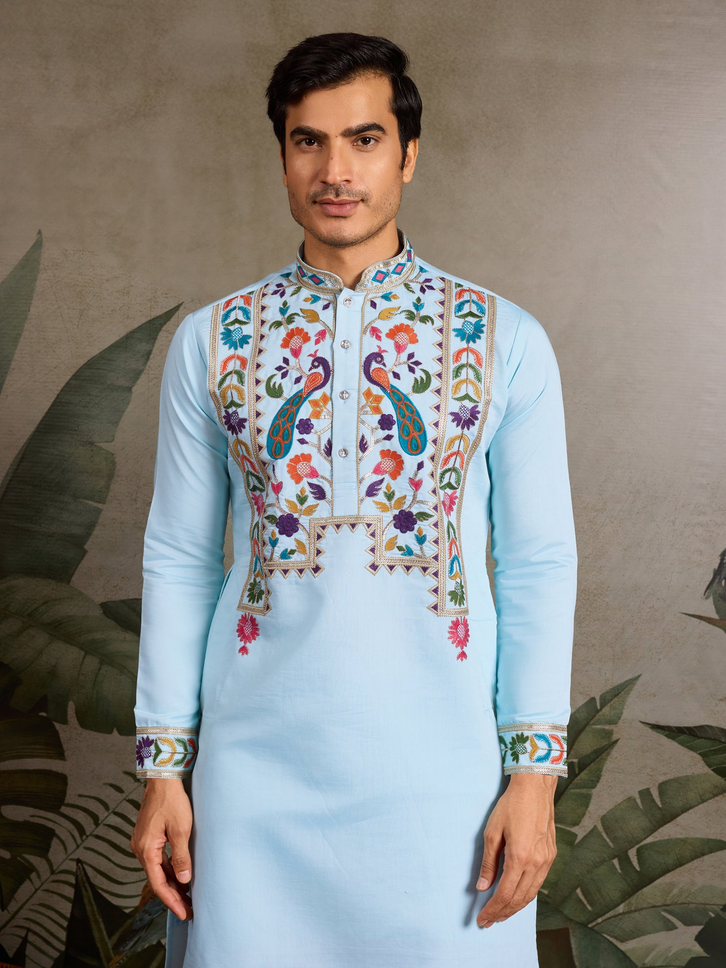 Sky Blue Viscose Silk Embroidered Kurta