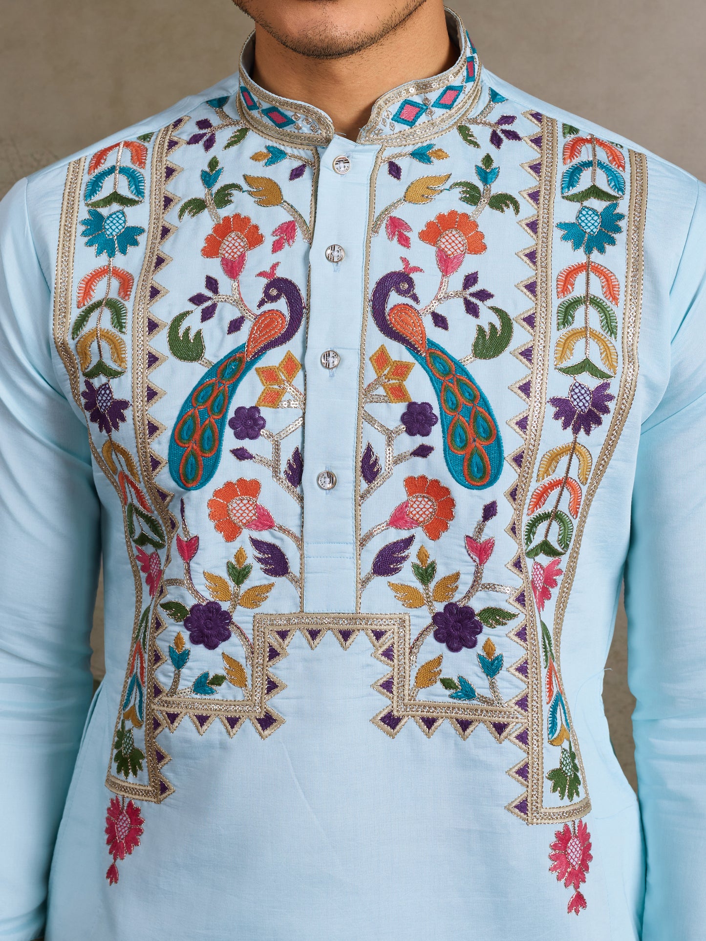 Sky Blue Viscose Silk Embroidered Kurta