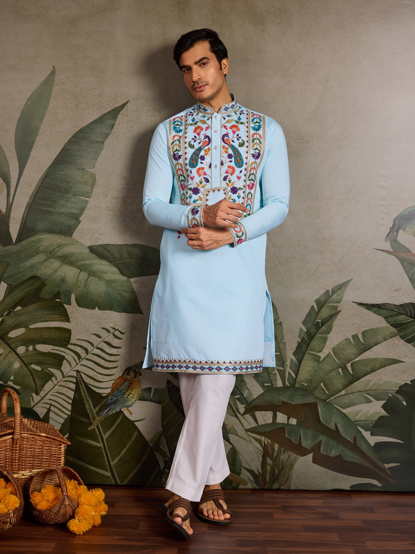 Sky Blue Viscose Silk Embroidered Kurta