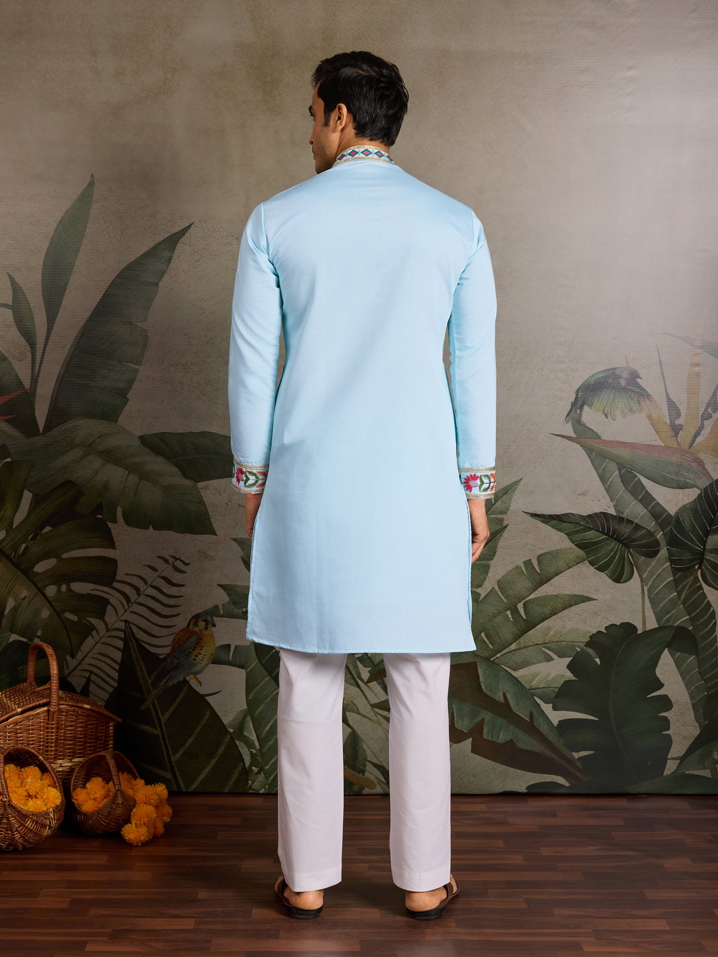 Sky Blue Viscose Silk Embroidered Kurta