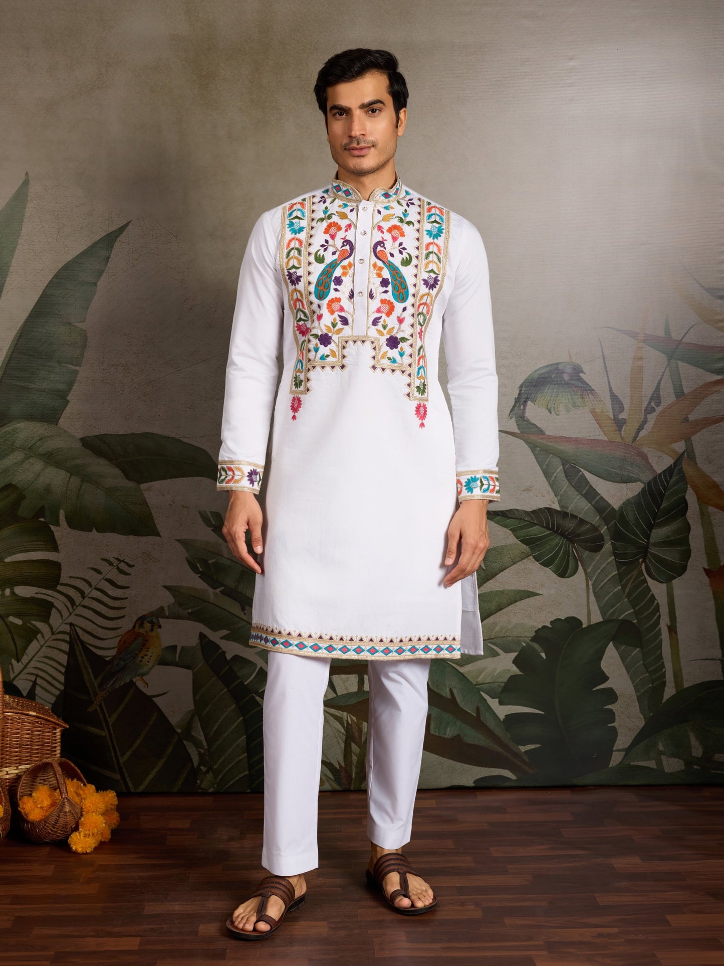 Elegant White Viscose Silk Kurta with Colorful Embroidery Work