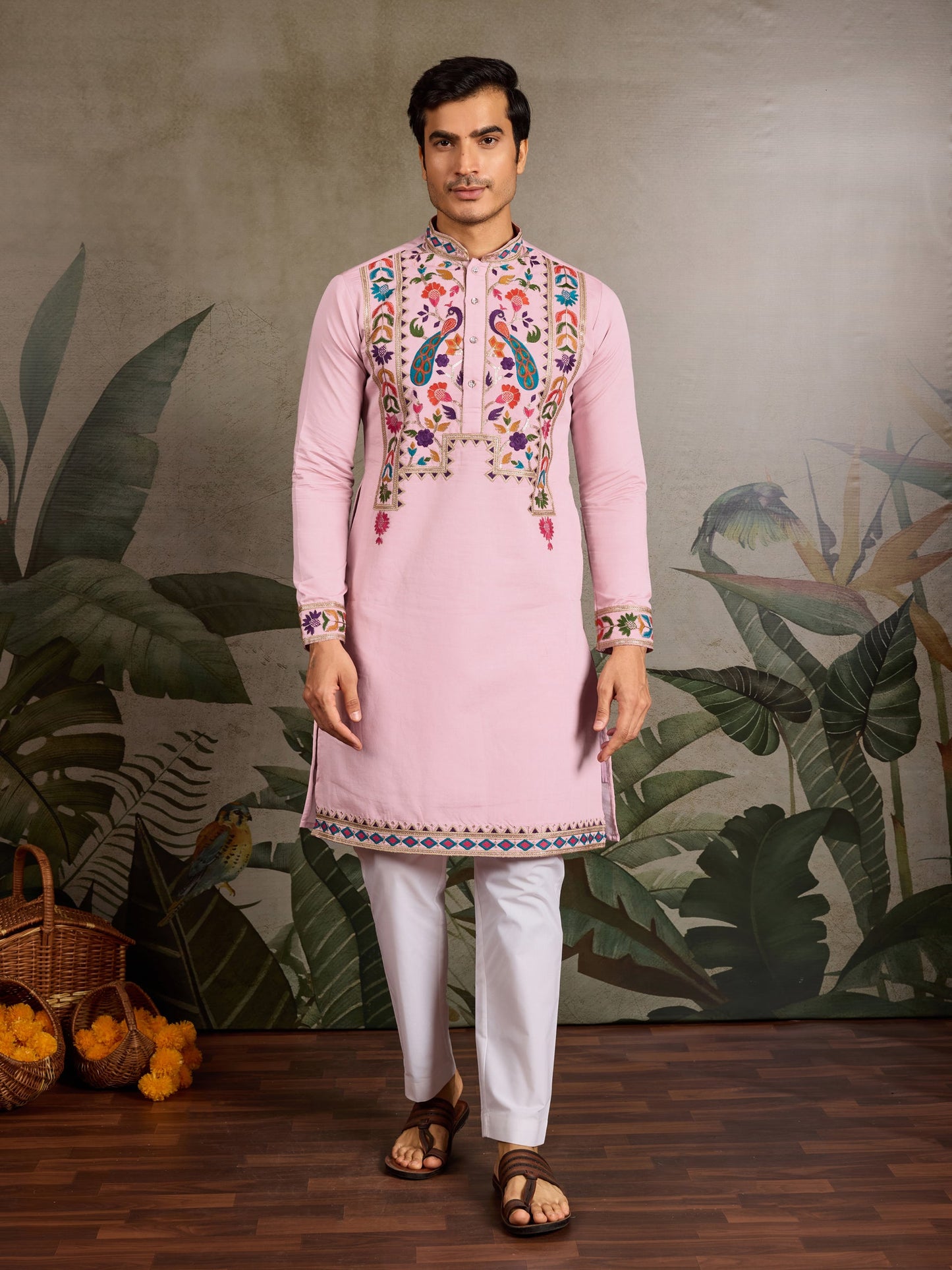 Men’s Pink Embroidered Viscose Silk Kurta