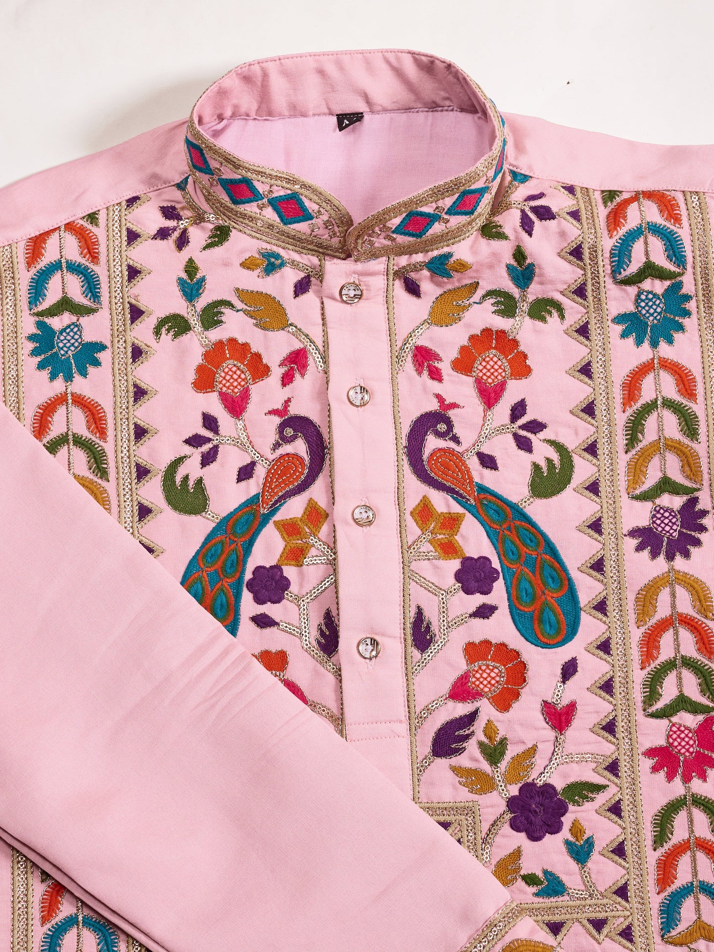 Men’s Pink Embroidered Viscose Silk Kurta