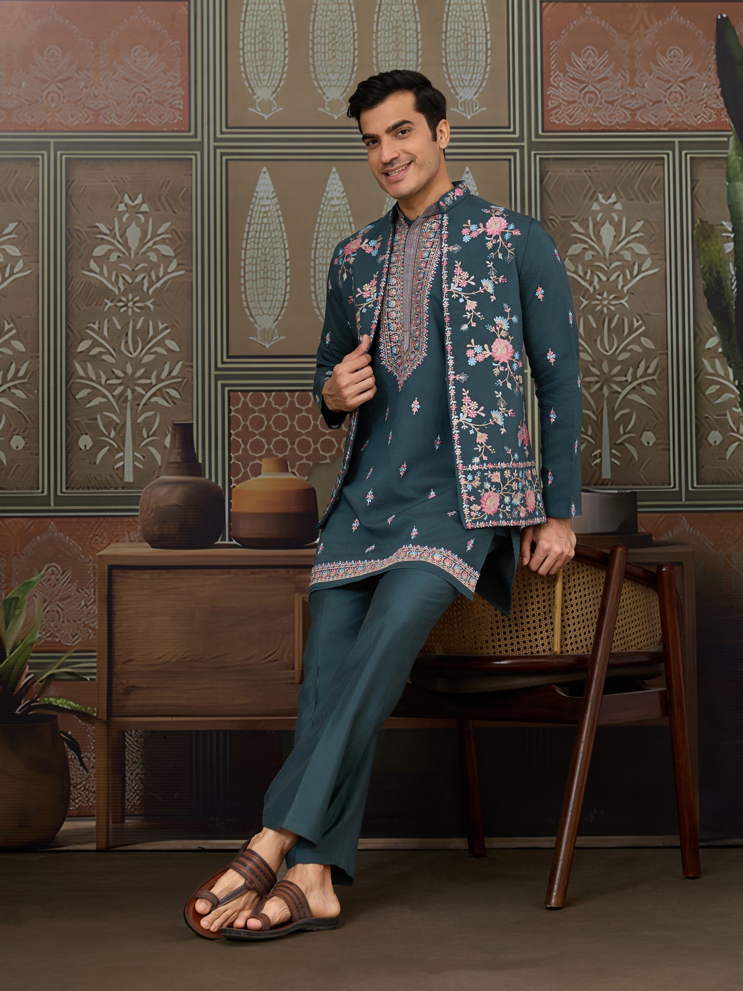 Emerald Green Floral Embroidered Kurta Set
