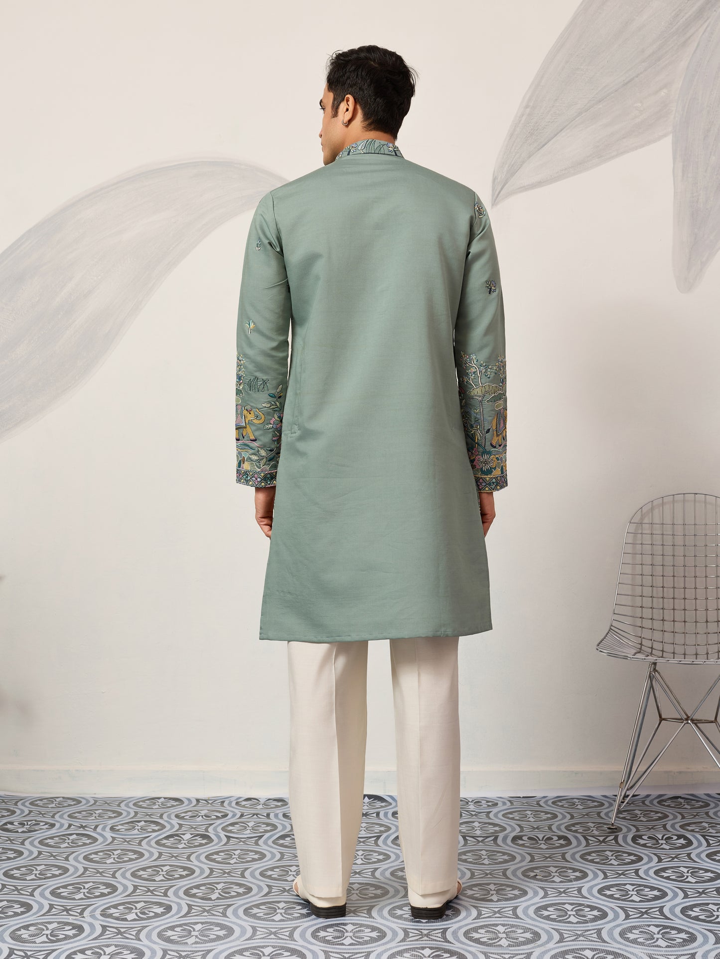 Pista Embroidered Kurta with Peacock & Elephant Motif