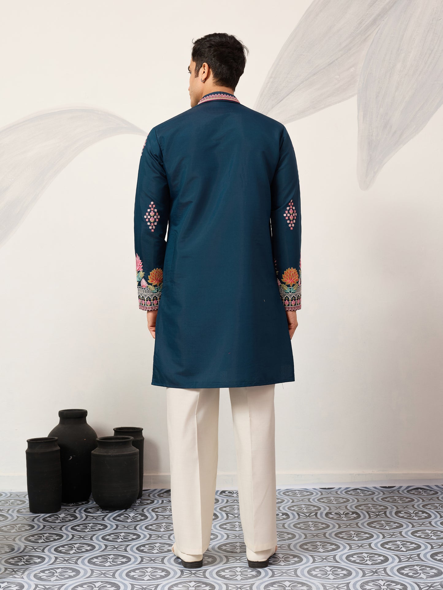 Royal Teal Blue Floral Embroidered Designer Kurta for Men