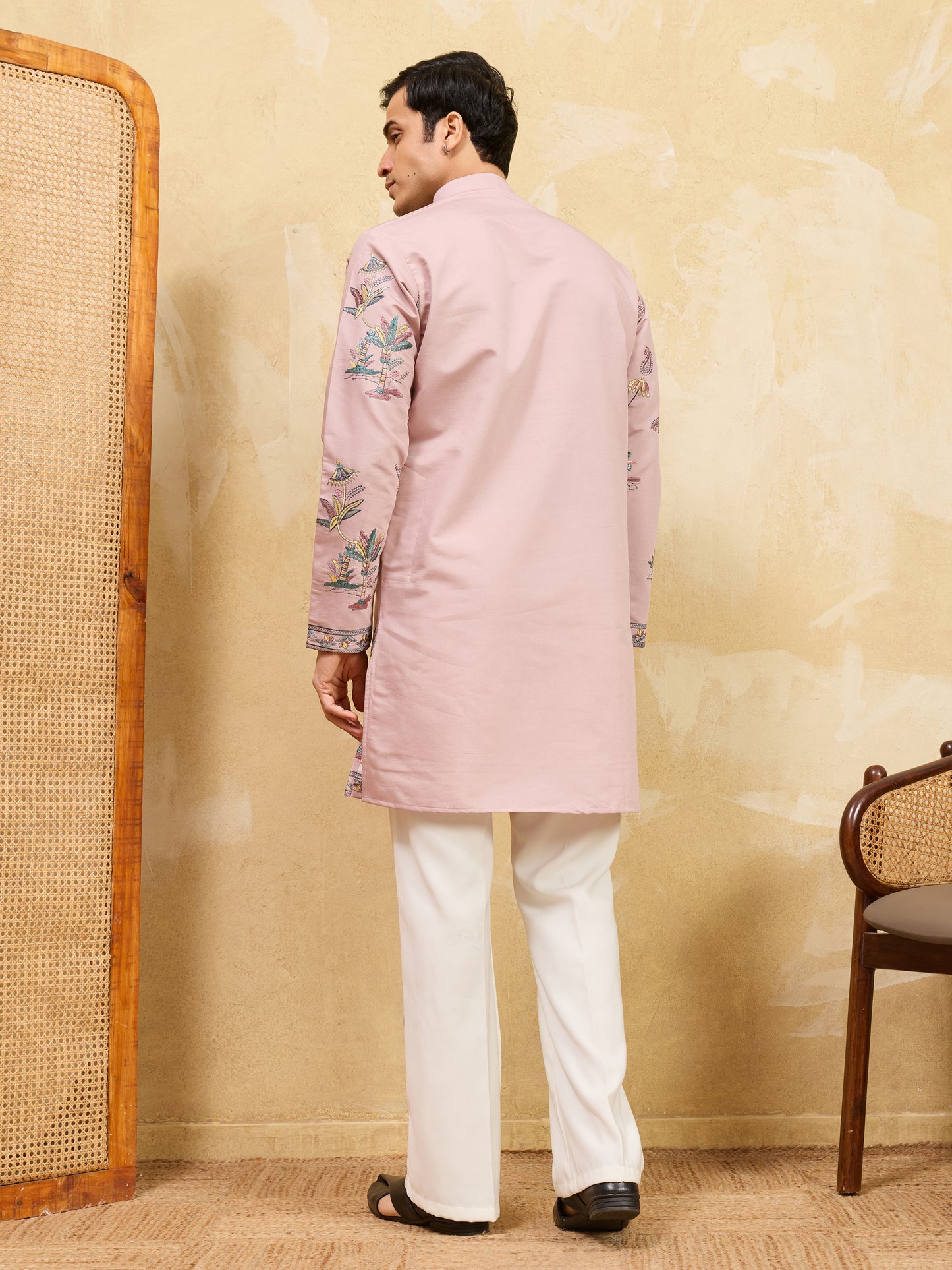 Royal Blush Pink Botanical Printed Designer Kurta for Men with Zip Neck Detailing