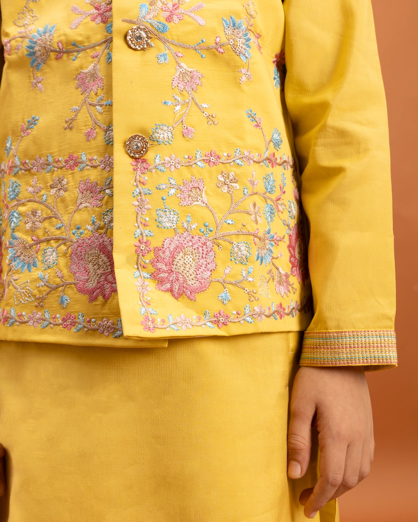 Boys Sunshine Yellow Embroidered Kurta Set with Nehru Jacket