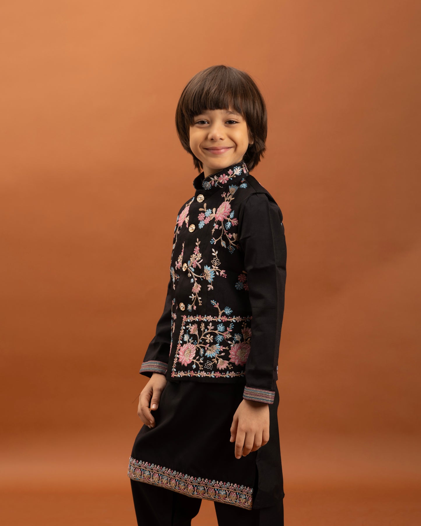 Boys Classic Black Embroidered Kurta Set with Nehru Jacket