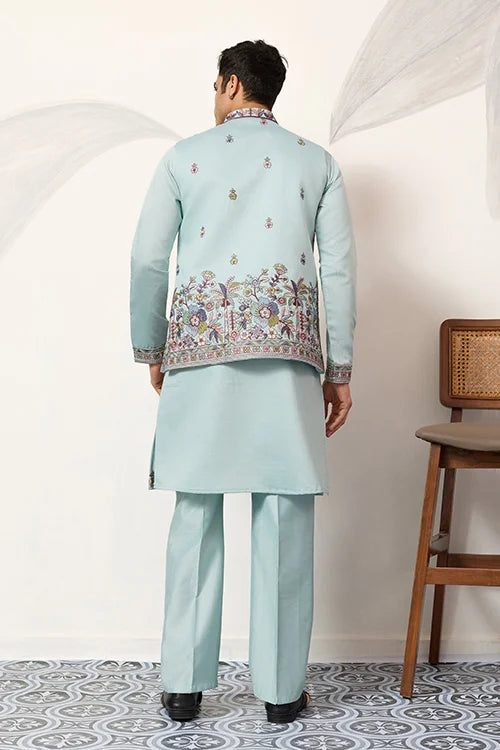 Men’s Pastel Blue Embroidered Kurta Set with Floral Detailing